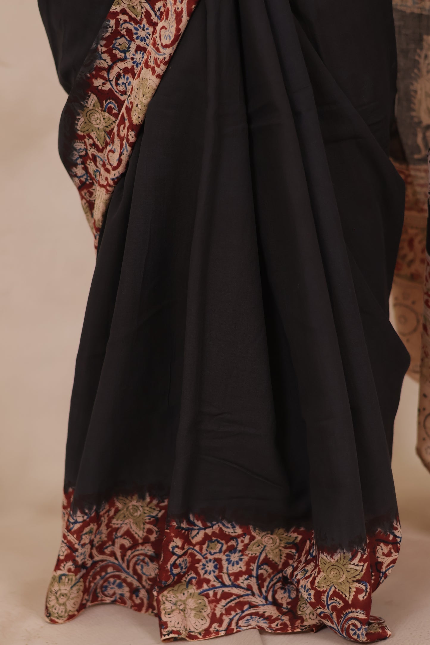 Black Hand Block Printed Kalamkari Cotton Saree | Looms & Tassels