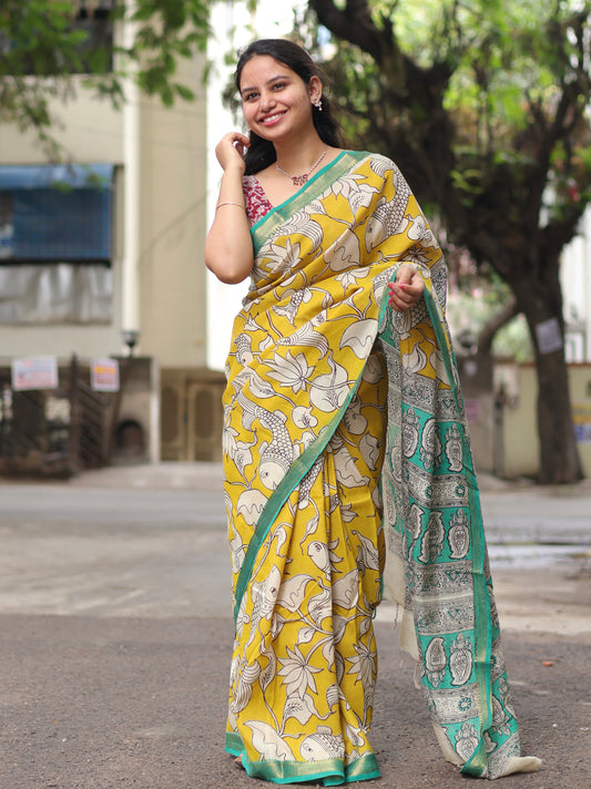 Yellow Nizam Border Kalamkari Silk Saree