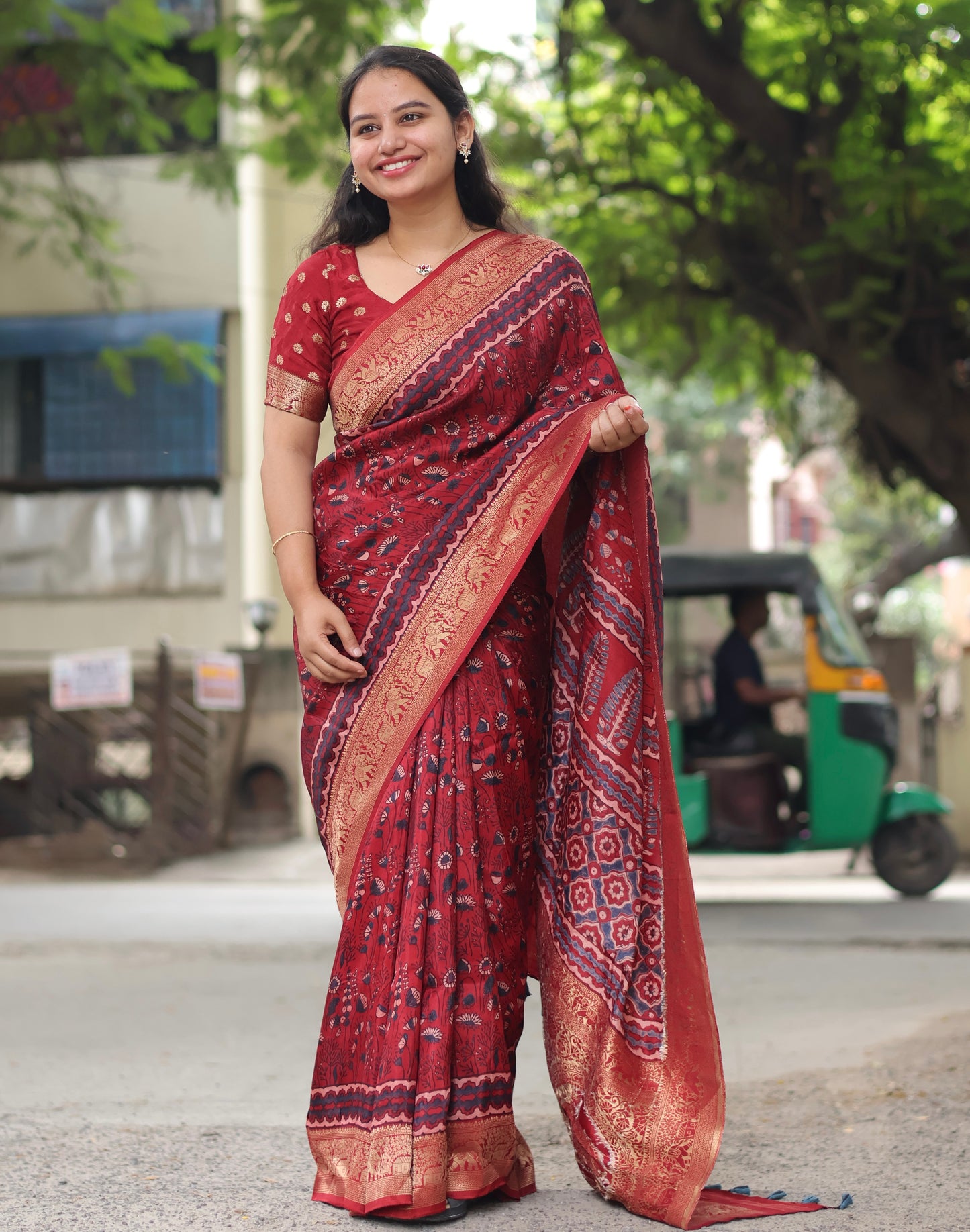 Maroon Ajrakh Dola Silk Saree