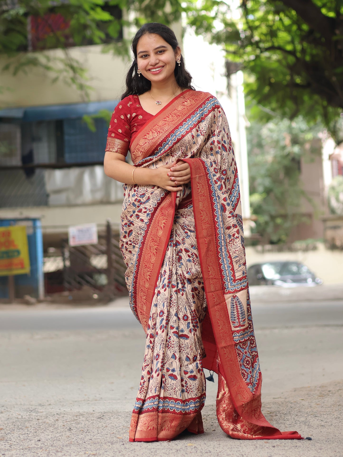 Cream Ajrakh Dola Silk Saree