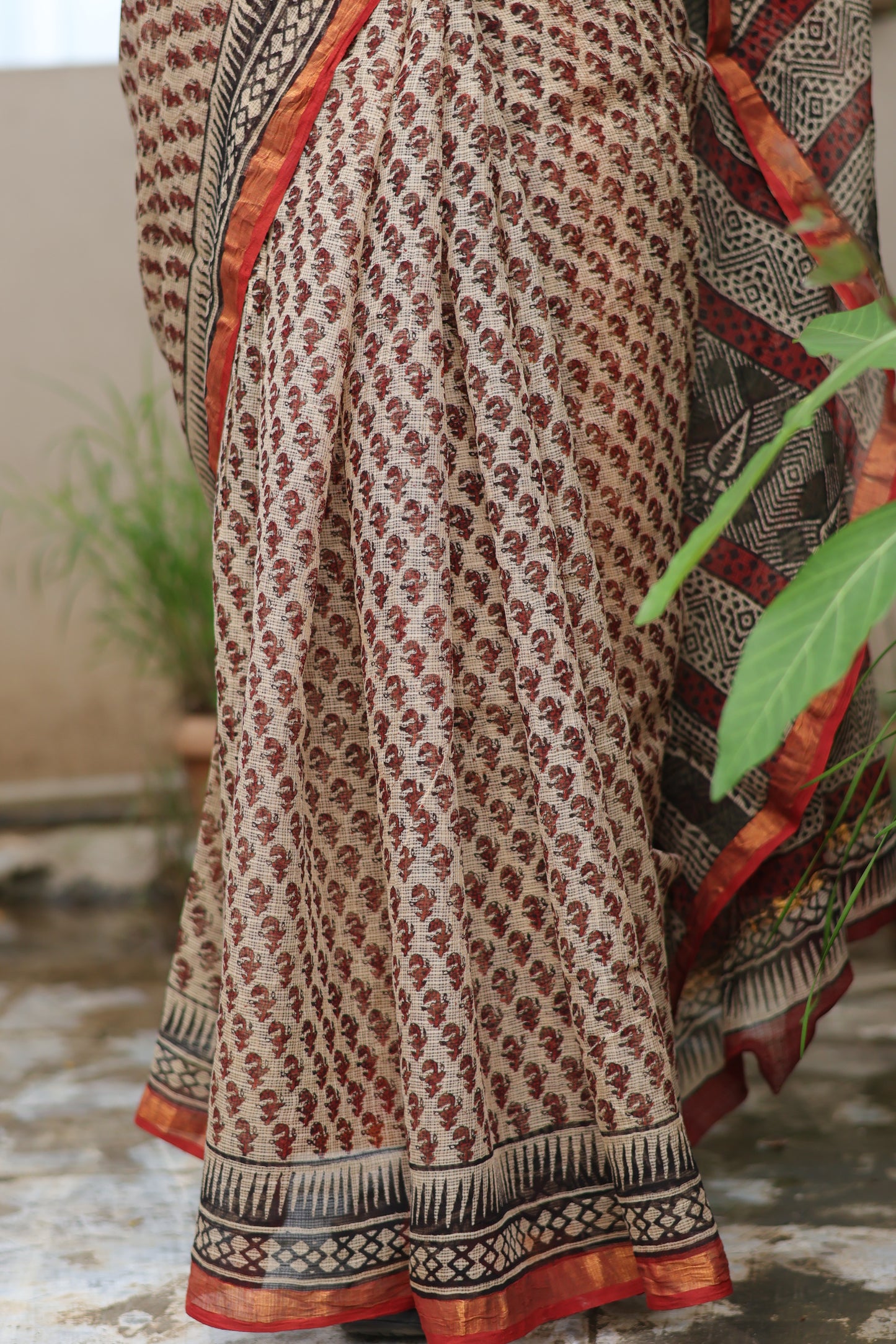 Cream Bagru Hand block printed Kota Doriya Saree