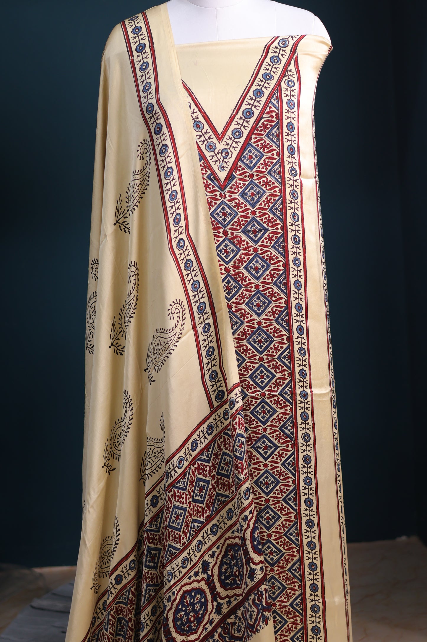 Handblock printed Ajrakh modal silk 2 piece suit set