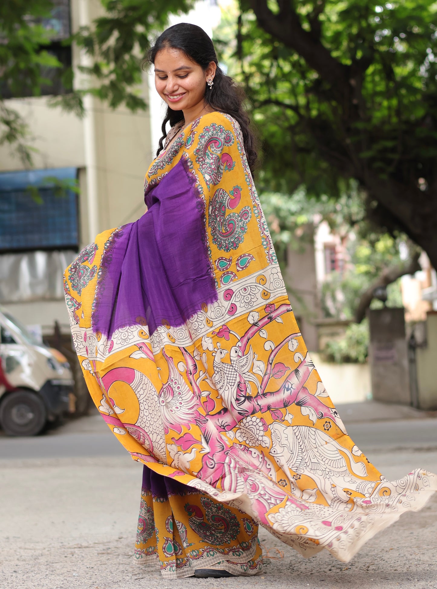 Violet & Yellow Kalamkari dyeing premium chennur silk saree