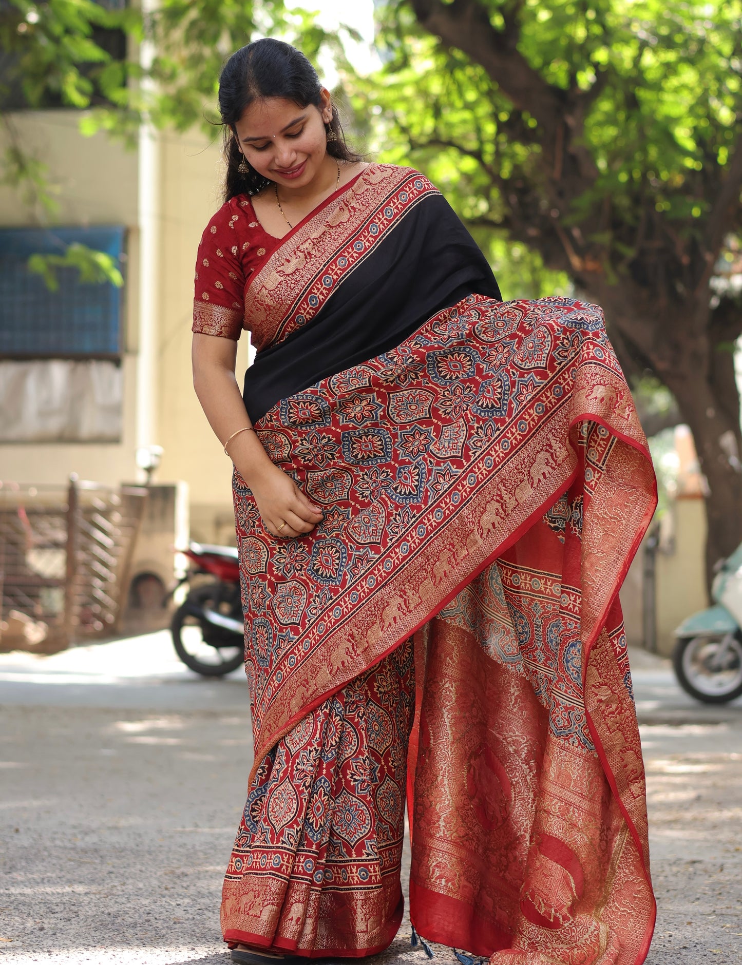 Black & Red Ajrakh Dola Silk Saree