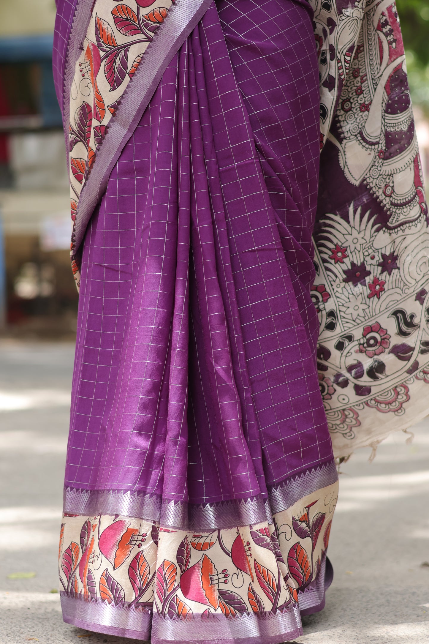 Purple Checks Kalamkari dyeing premium chennur silk saree