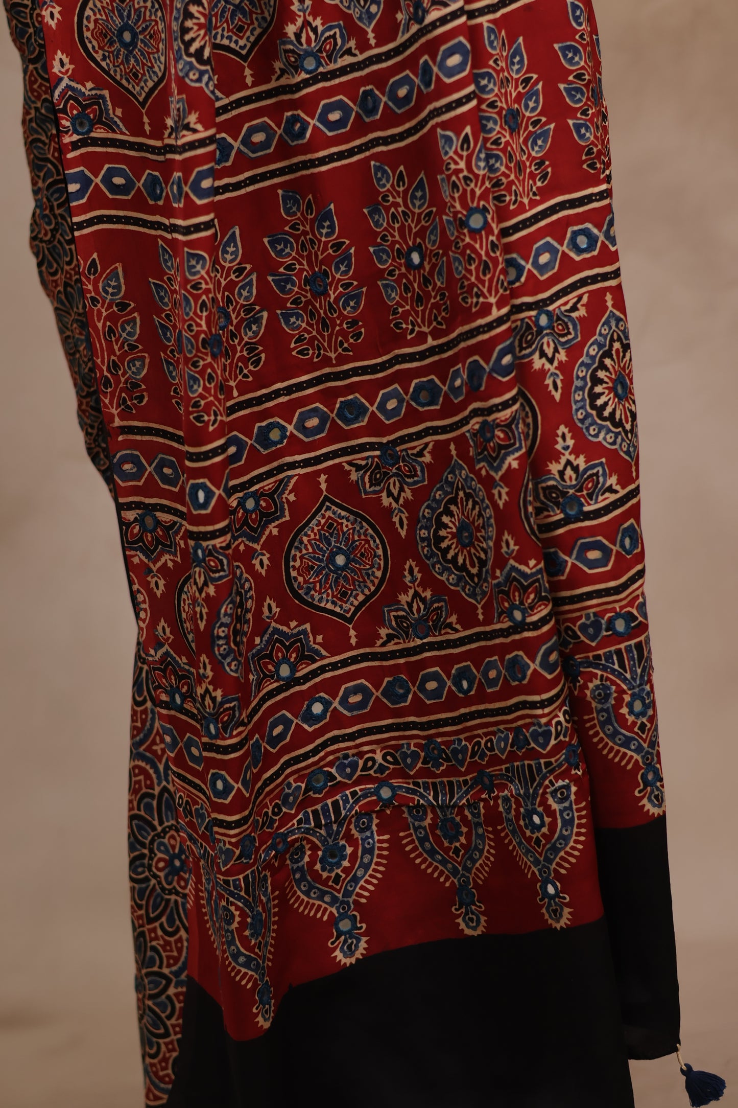 Red Handcrafted Ajrakh Modal Silk Saree with Authentic Banjara Mirror Work | Looms & Tassels