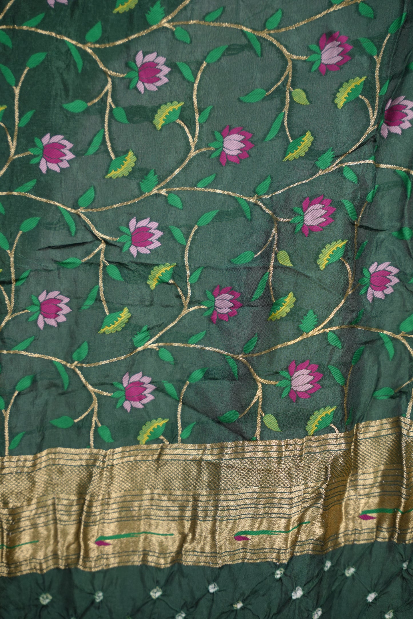 Bottle Green Handcrafted Bandhani Paithani Dola Silk Saree | Looms & Tassels