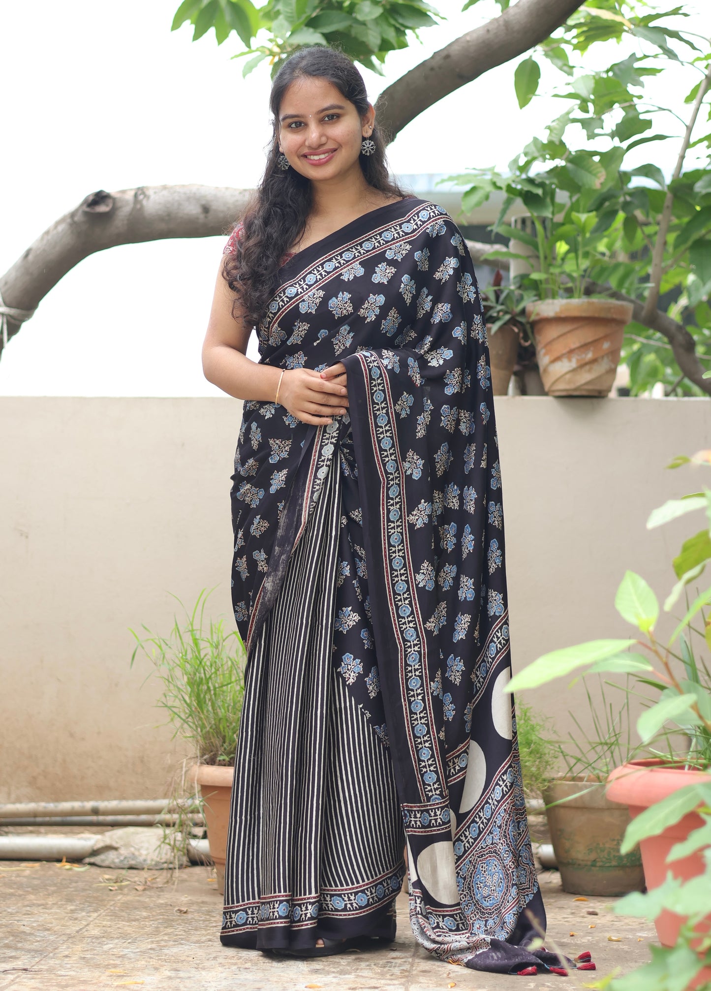 Black Ajrakh Modal Silk Saree
