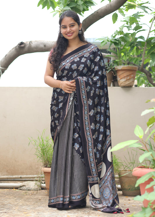 Black Ajrakh Modal Silk Saree