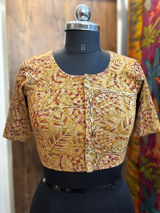 Round neck Stretchable Hand block printed kalamkari blouse with front hooks
