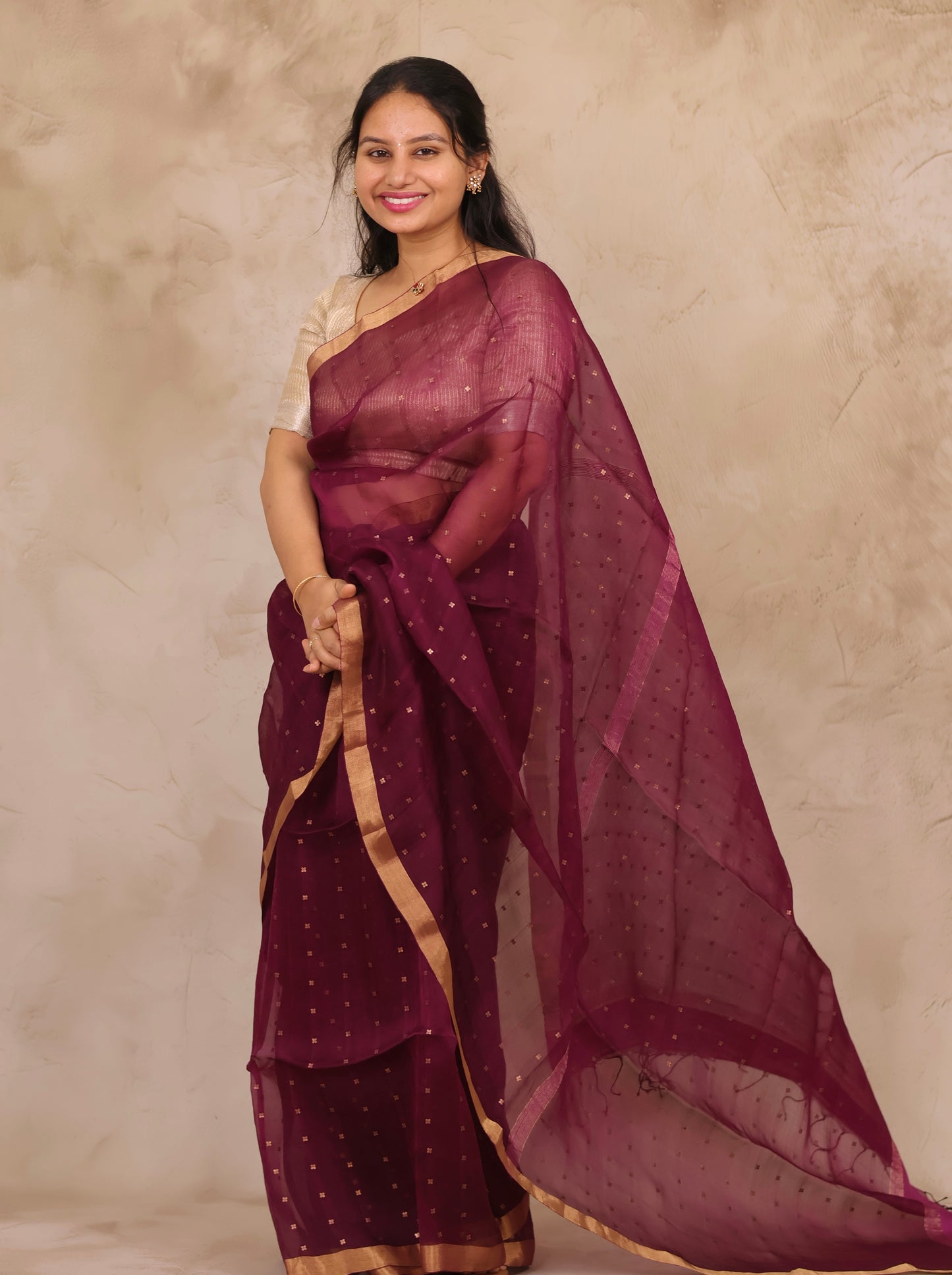 Wine Handwoven Muslin Silk Saree With Sequence Work | Looms & Tassels