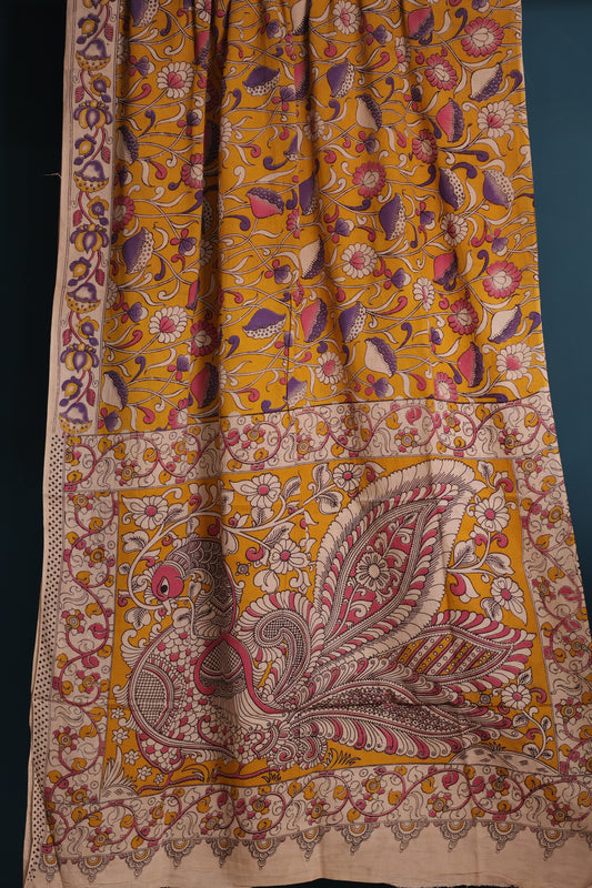 Yellow  Kalamkari Cotton Saree