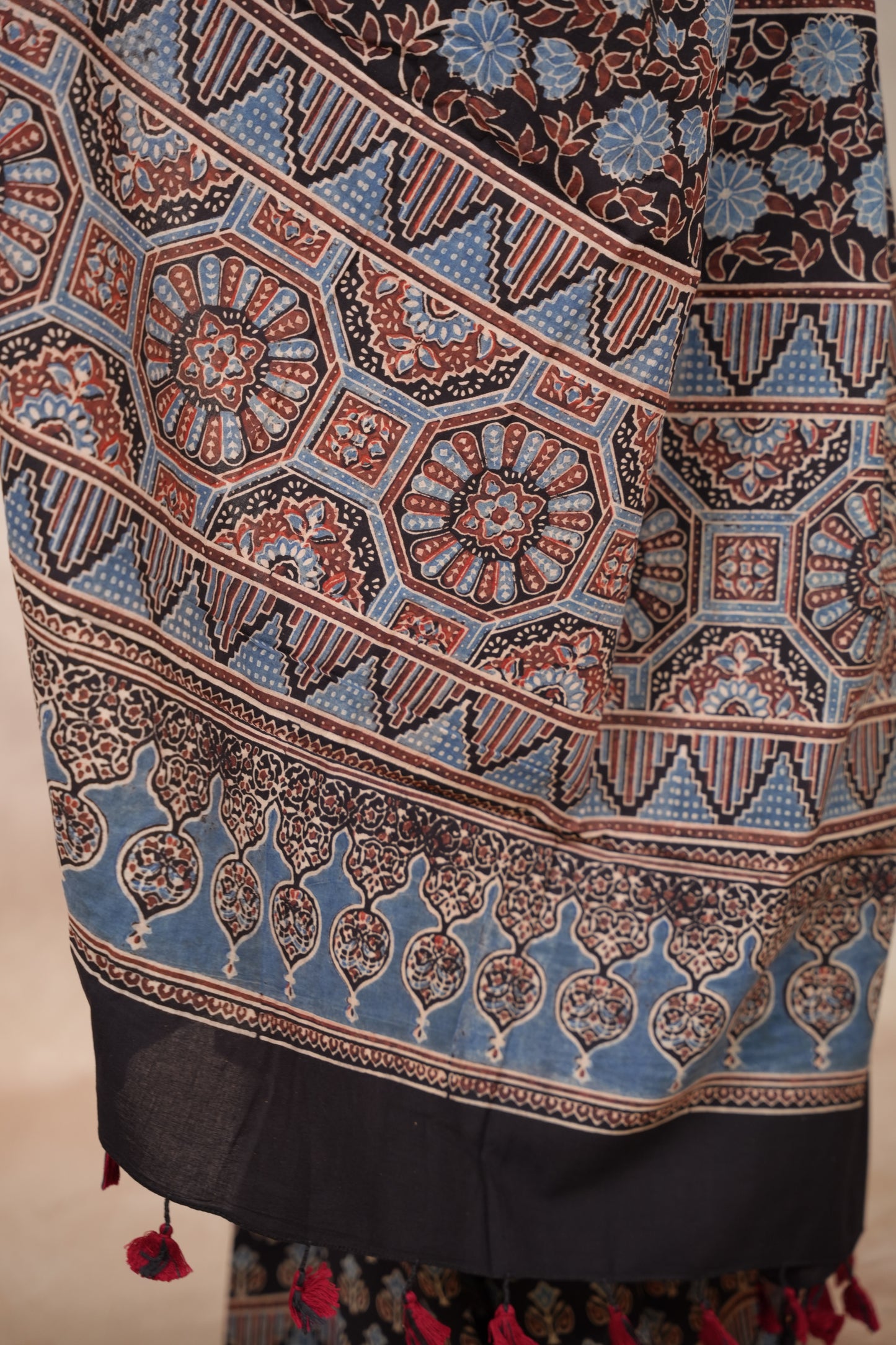 Black Ajrakh Hand Block Printed Cotton Saree | Looms & Tassels