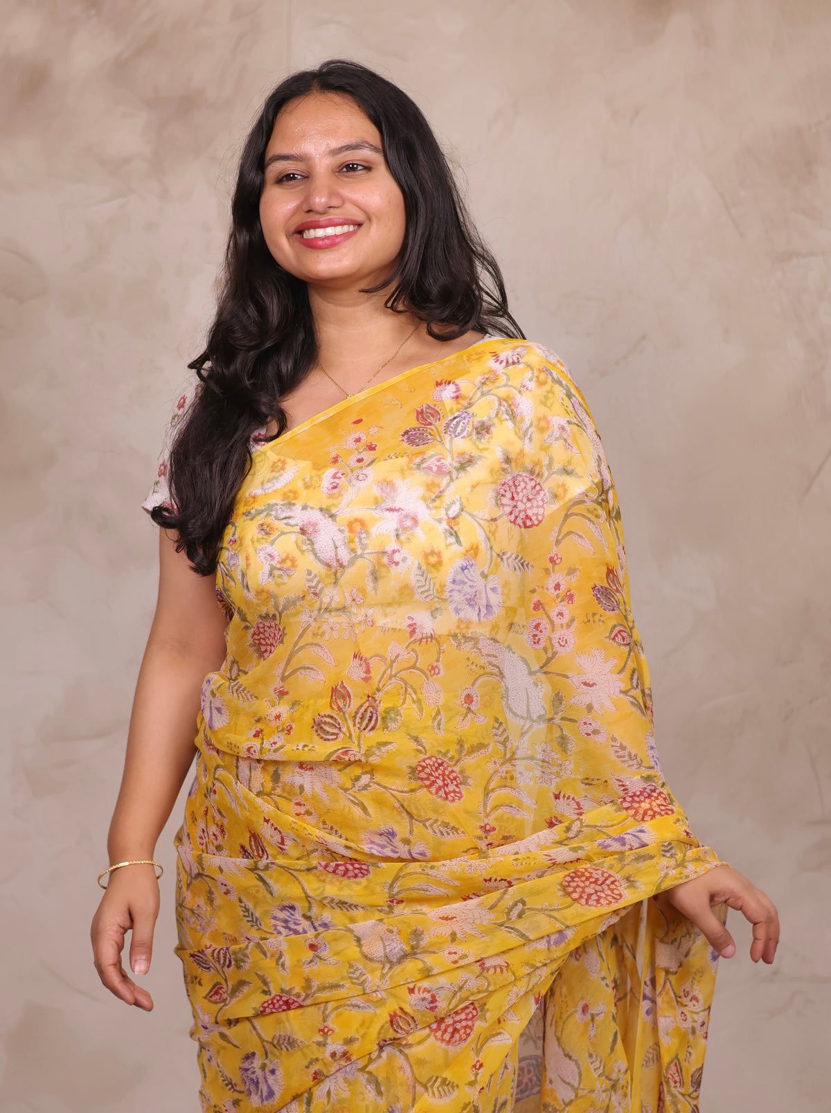 Yellow Chiffon Hand Block Printed Saree | Looms & Tassels