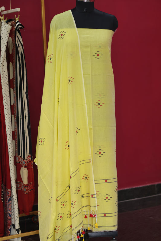 Yellow Handwoven weaving butta pure Malai cotton 2 piece suit sets