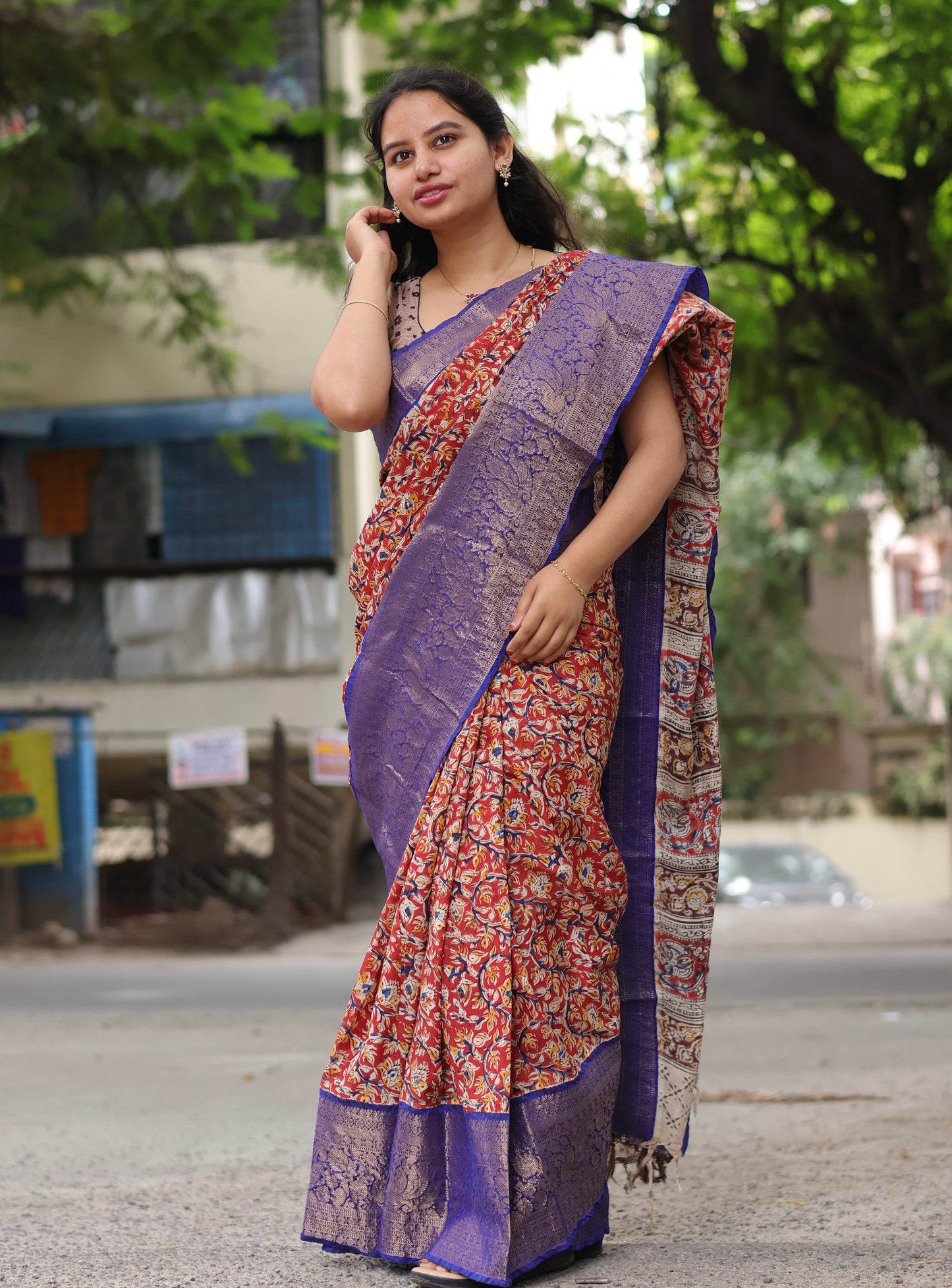 Red & Blue Kuppadam Border Kalamkari Uppada Silk Saree