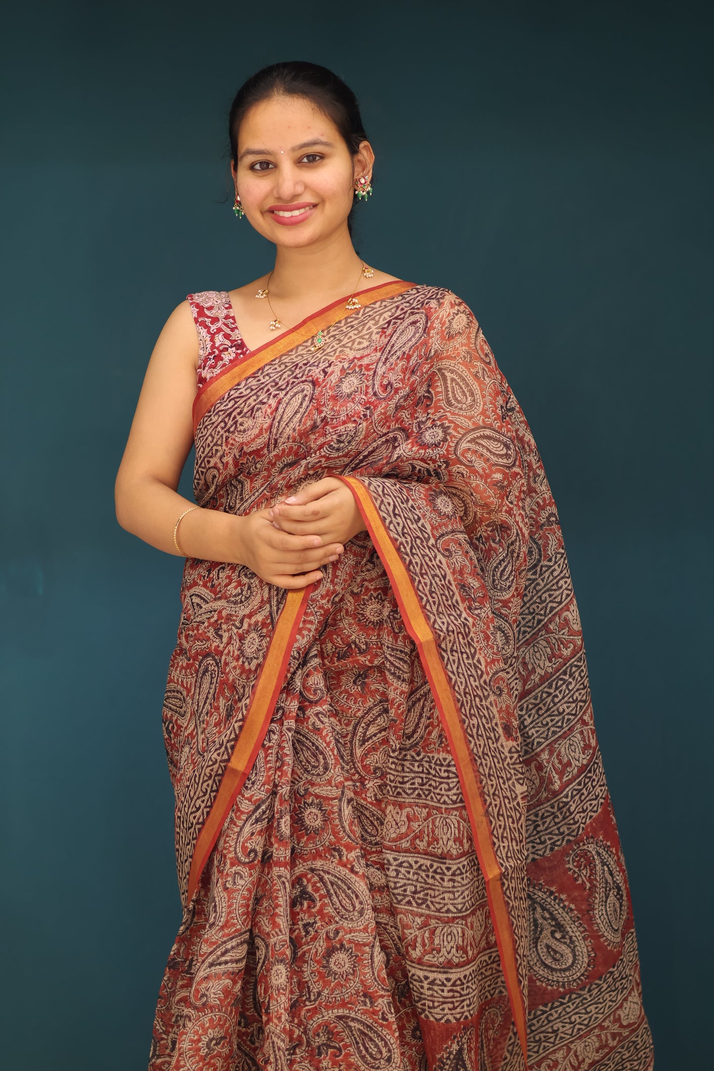 Kalamkari Hand block printed Kota Doria Saree