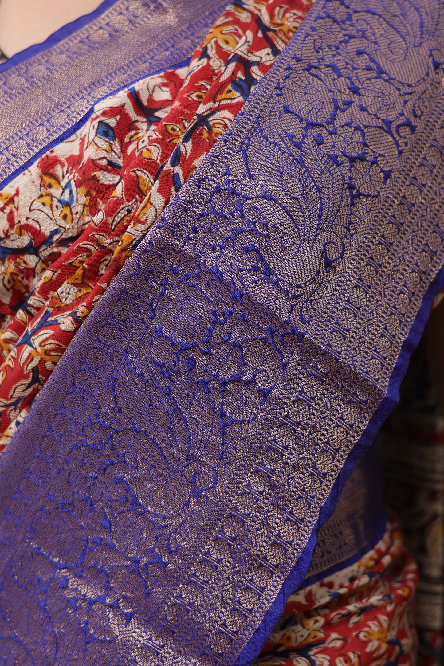 Red & Blue Kuppadam Border Kalamkari Uppada Silk Saree
