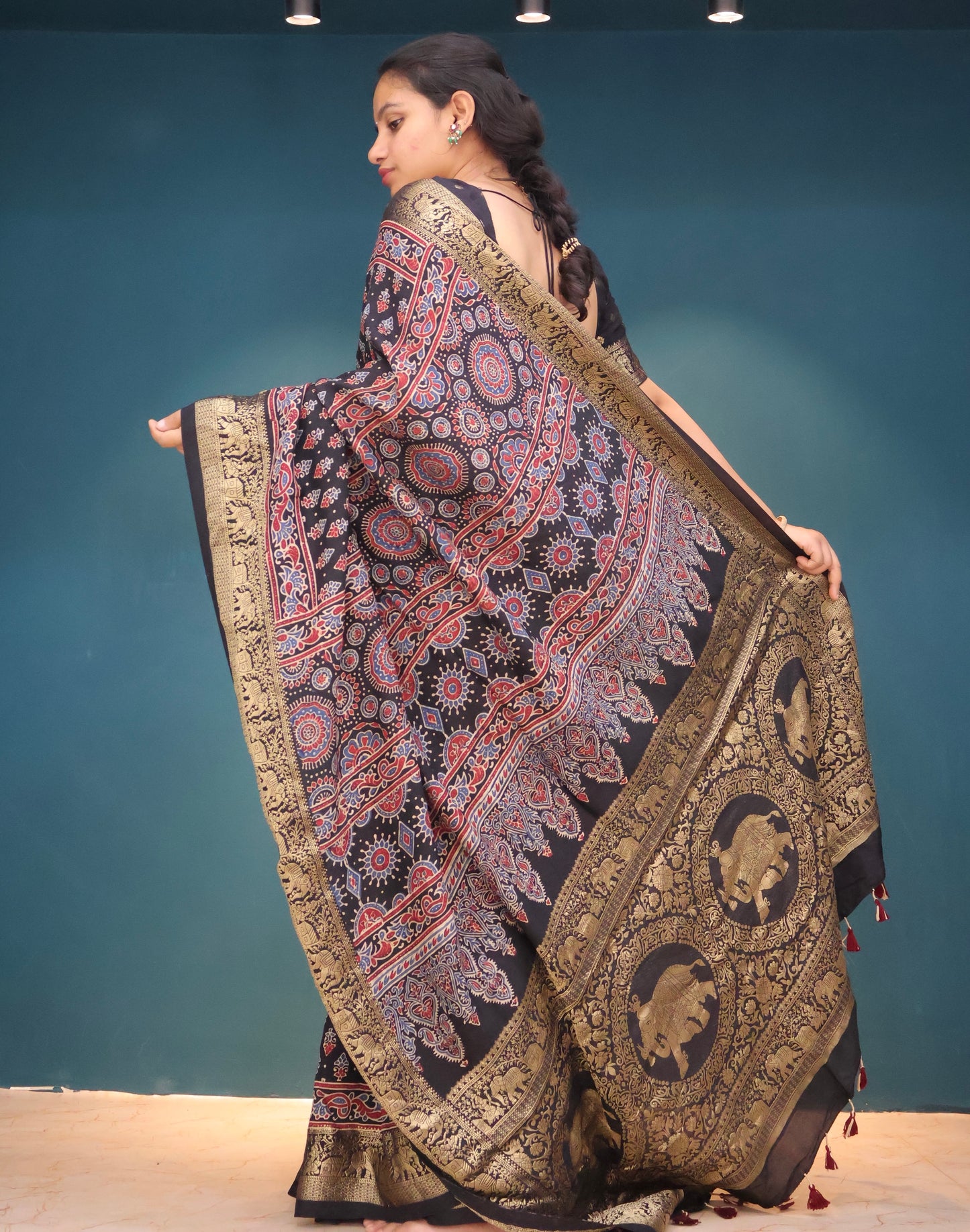 Black Ajrakh Dola Silk Saree