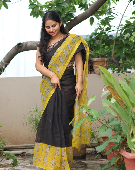 Bagru Hand block printed Kota Doriya Saree