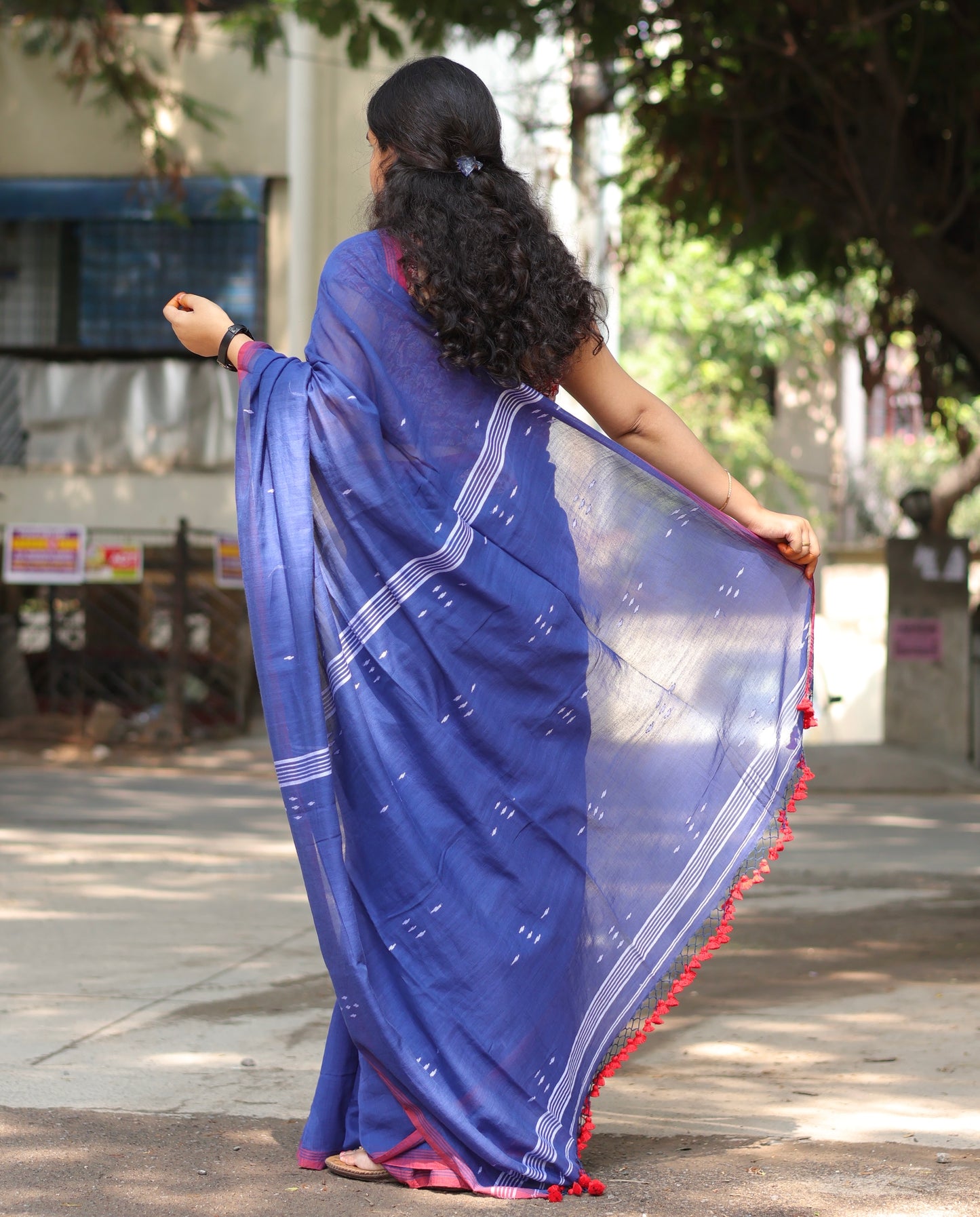 Blue Pure Handwoven Malai Cotton Saree with Butta Weaving
