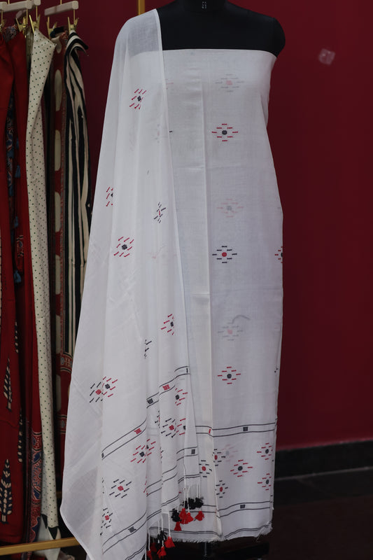 White Handwoven weaving butta pure Malai cotton 2 piece suit sets