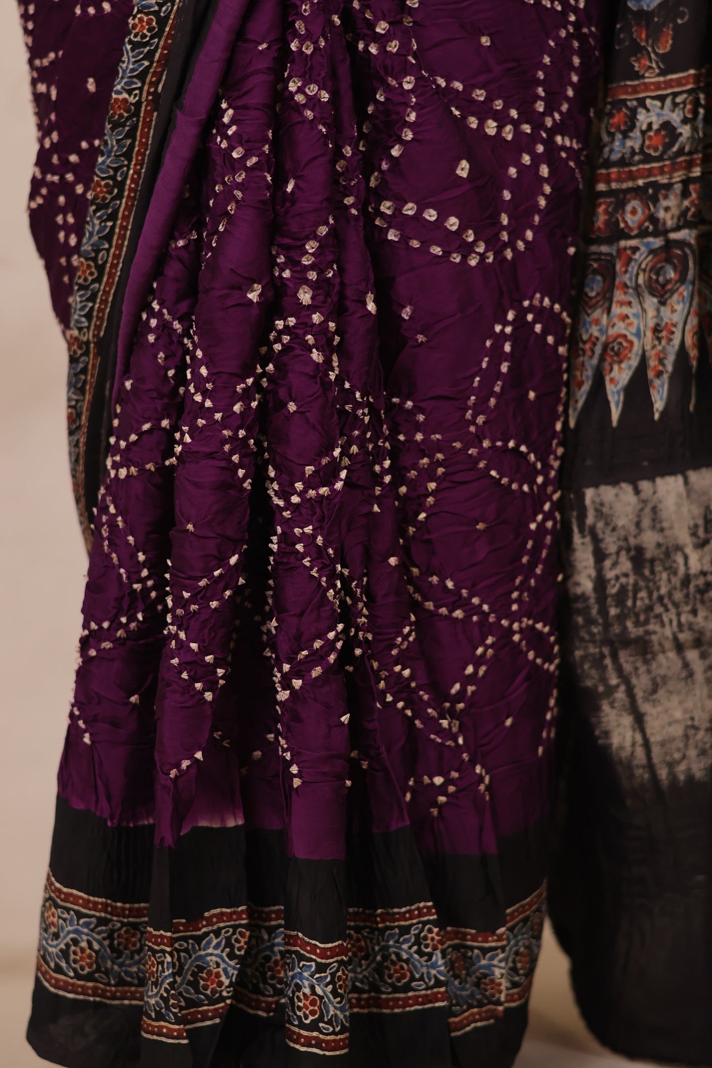 Jamun Hand Knotted Bandhej Arakh Modal Silk Saree with Lagdi Pallu | Looms & Tassels