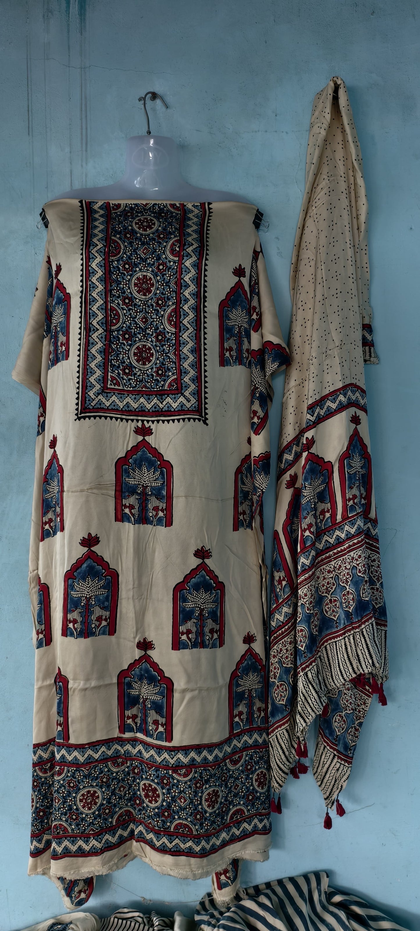 Handblock printed Ajrakh modal silk 2 piece suit set