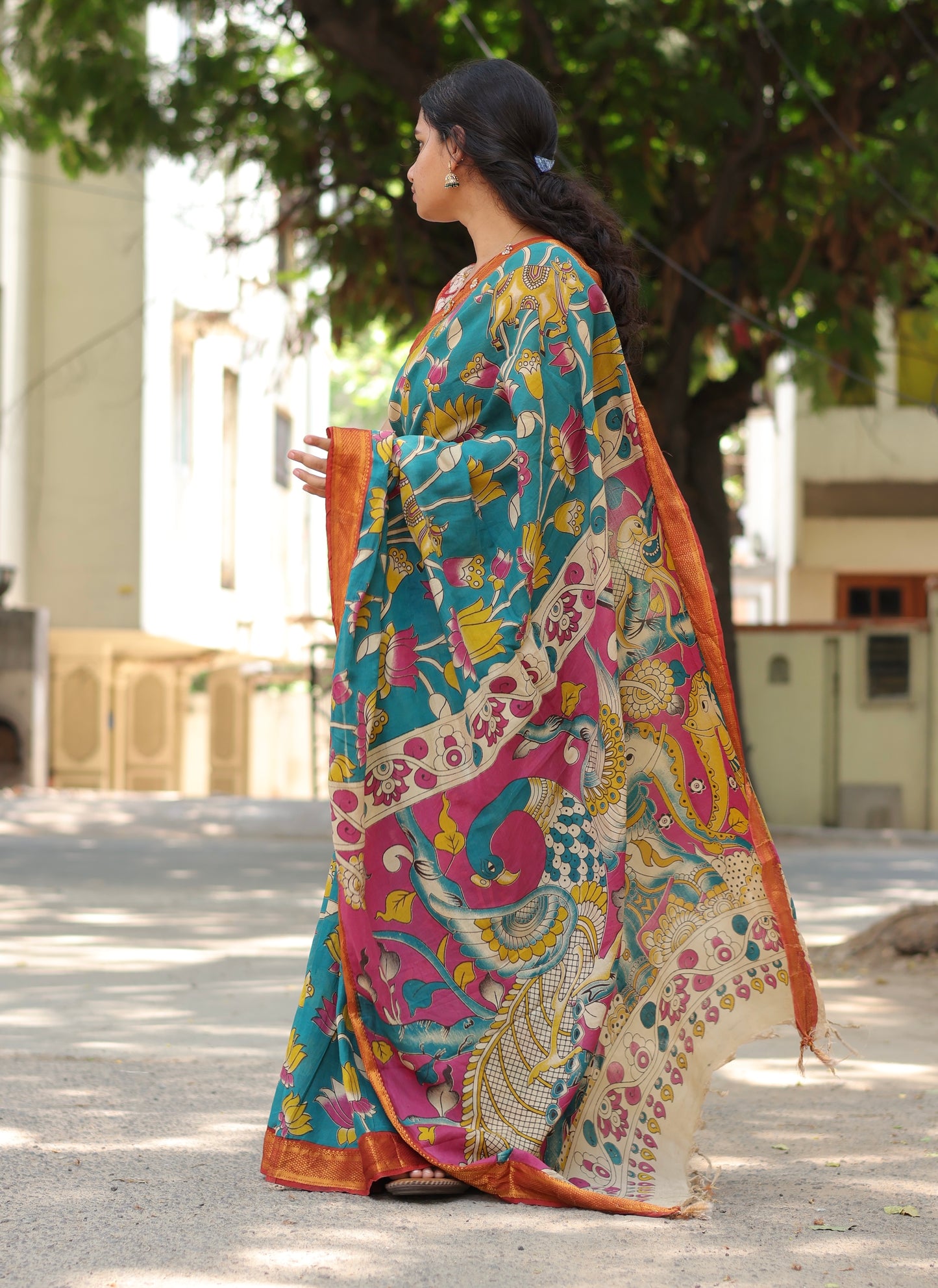 Teal Lotus Kalamkari Silk Handcrafted Nizam Border Saree