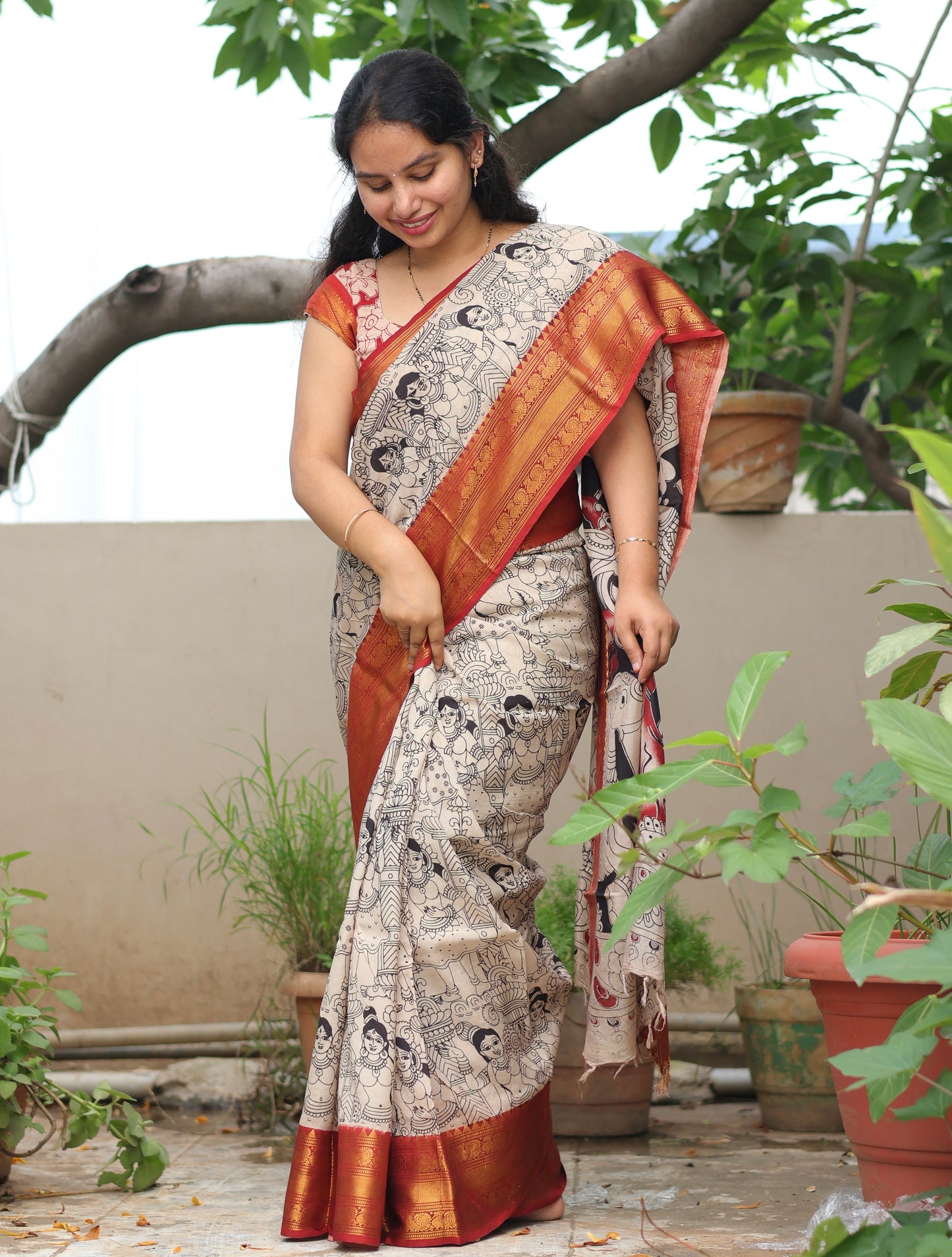 Cream Outline Kanchi border Kalamkari chennur silk saree