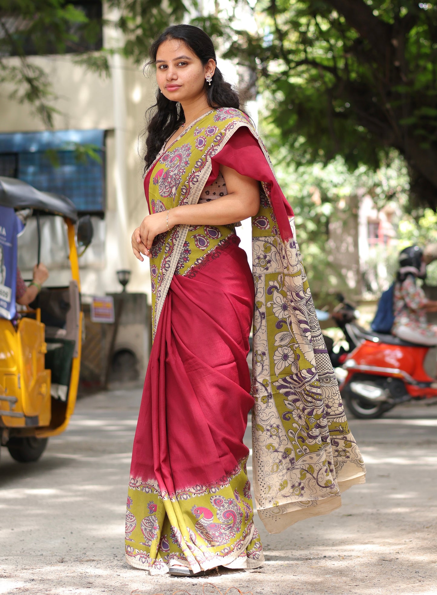 Wine & Green Kalamkari dyeing premium chennur silk saree