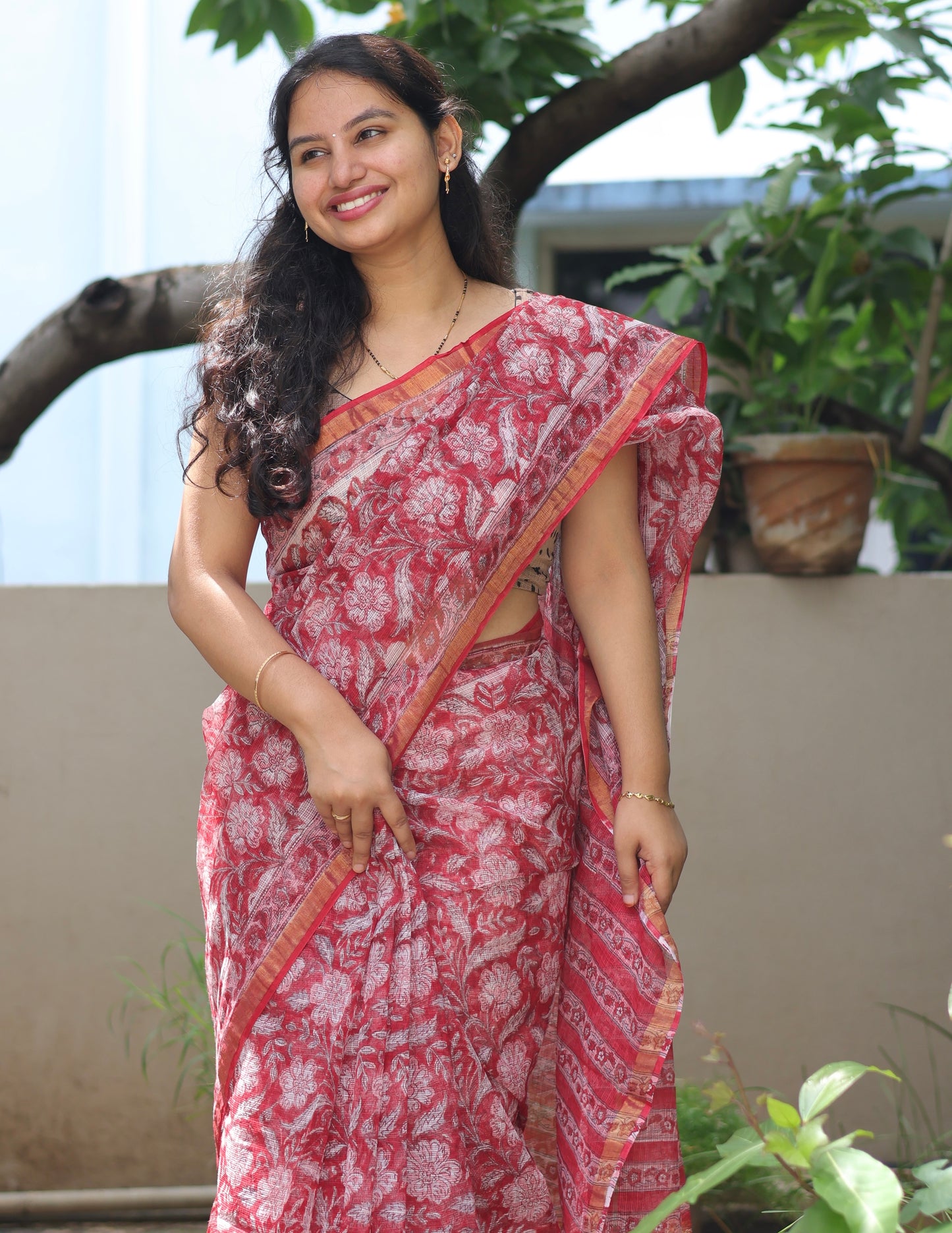 Red Bagru Hand block printed Kota Doriya Saree