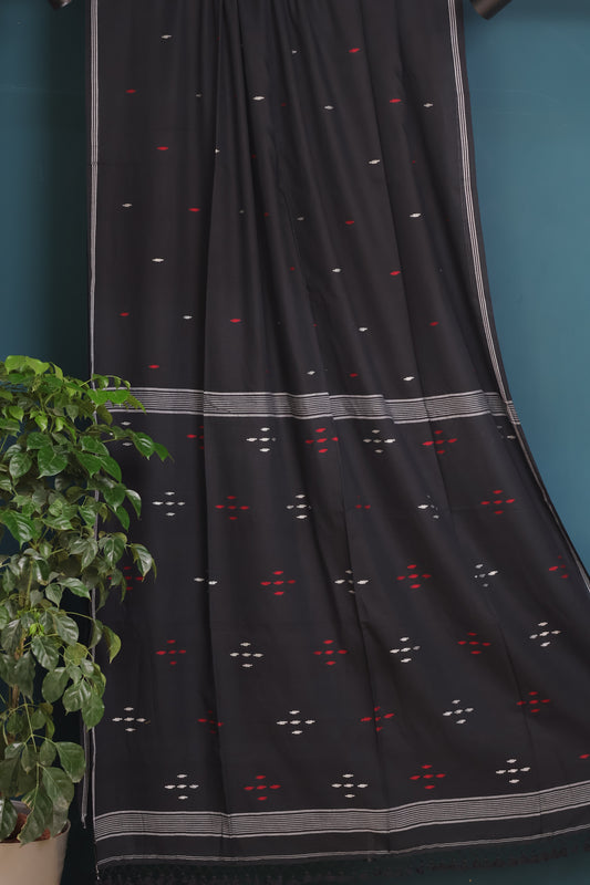 Black Pure Handwoven Malai Cotton Saree with Butta Weaving