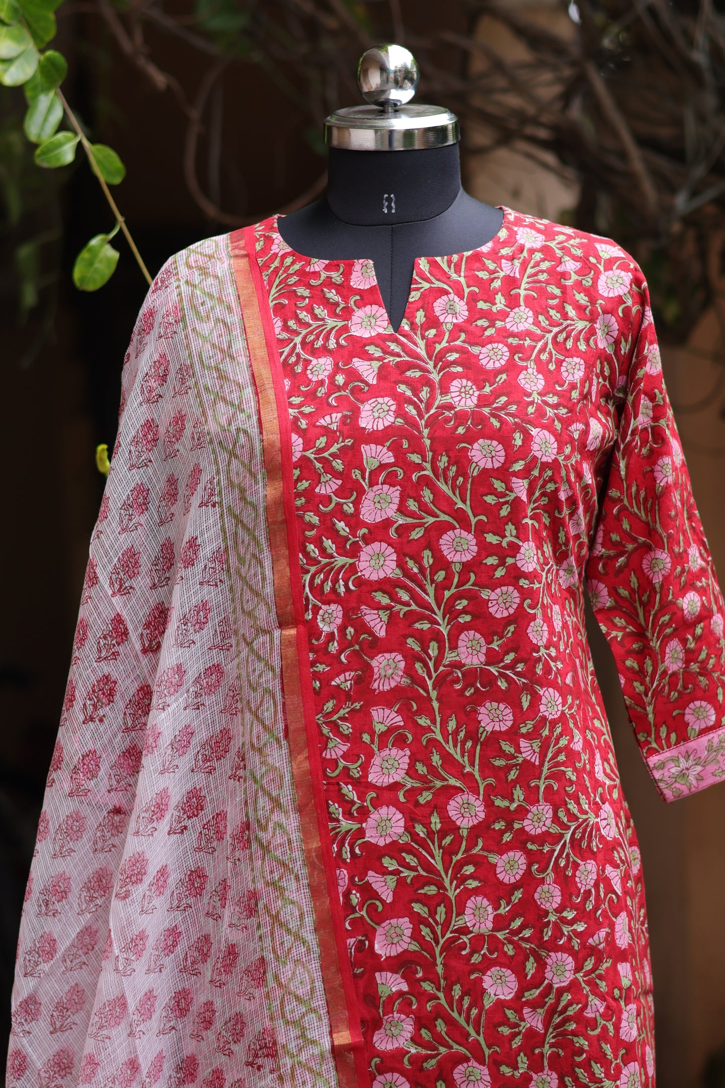 Red Handblock printed Pure Mul Cotton with Kota Doria Duppata 3 piece suit (stitched)