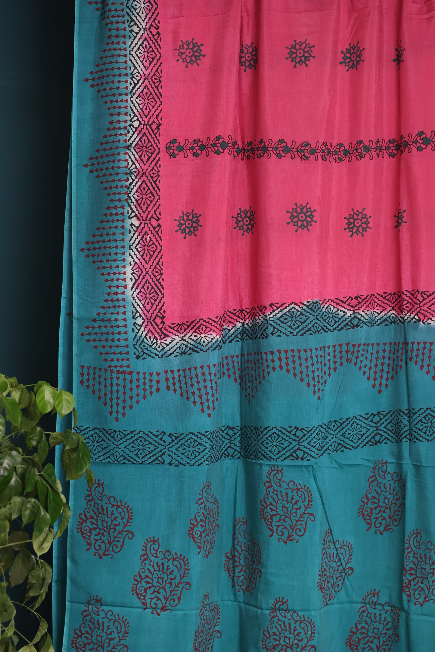 Pink Hand dyeing premium chennur silk with block prints saree