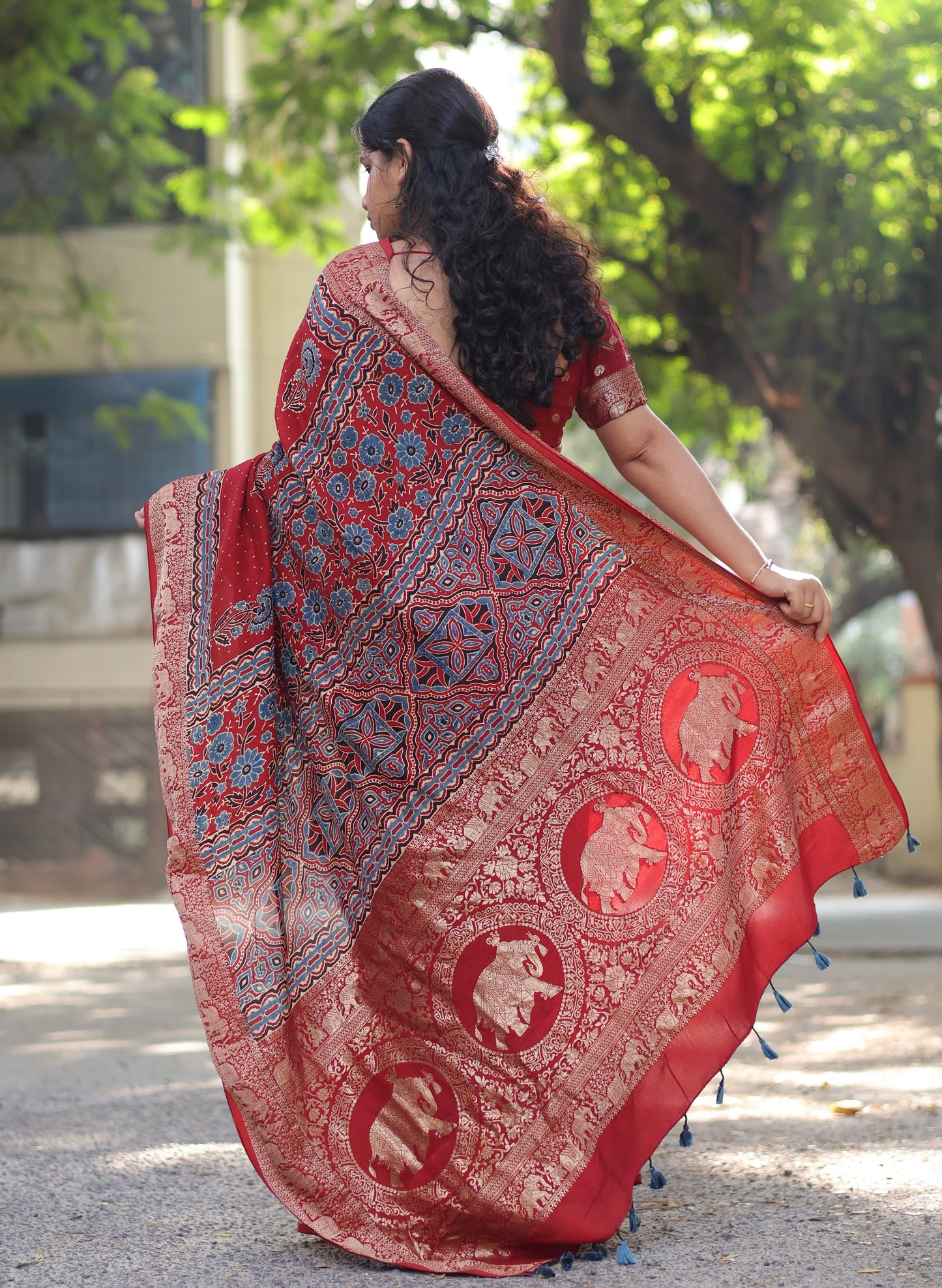 Red Ajrakh Dola Silk Saree
