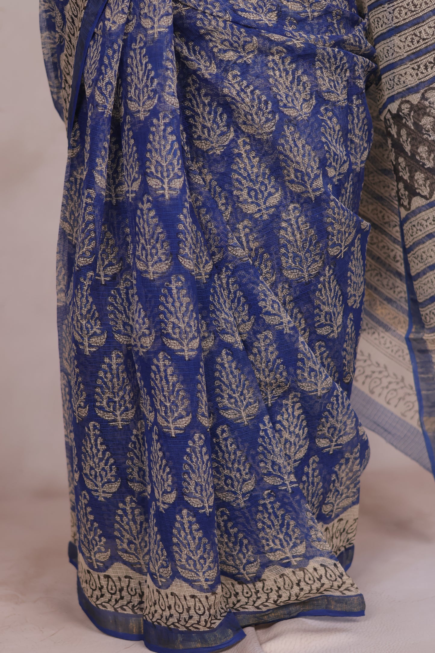 Blue Pure Kota Doria Saree with Bagru Handblock Prints | Looms & Tassels
