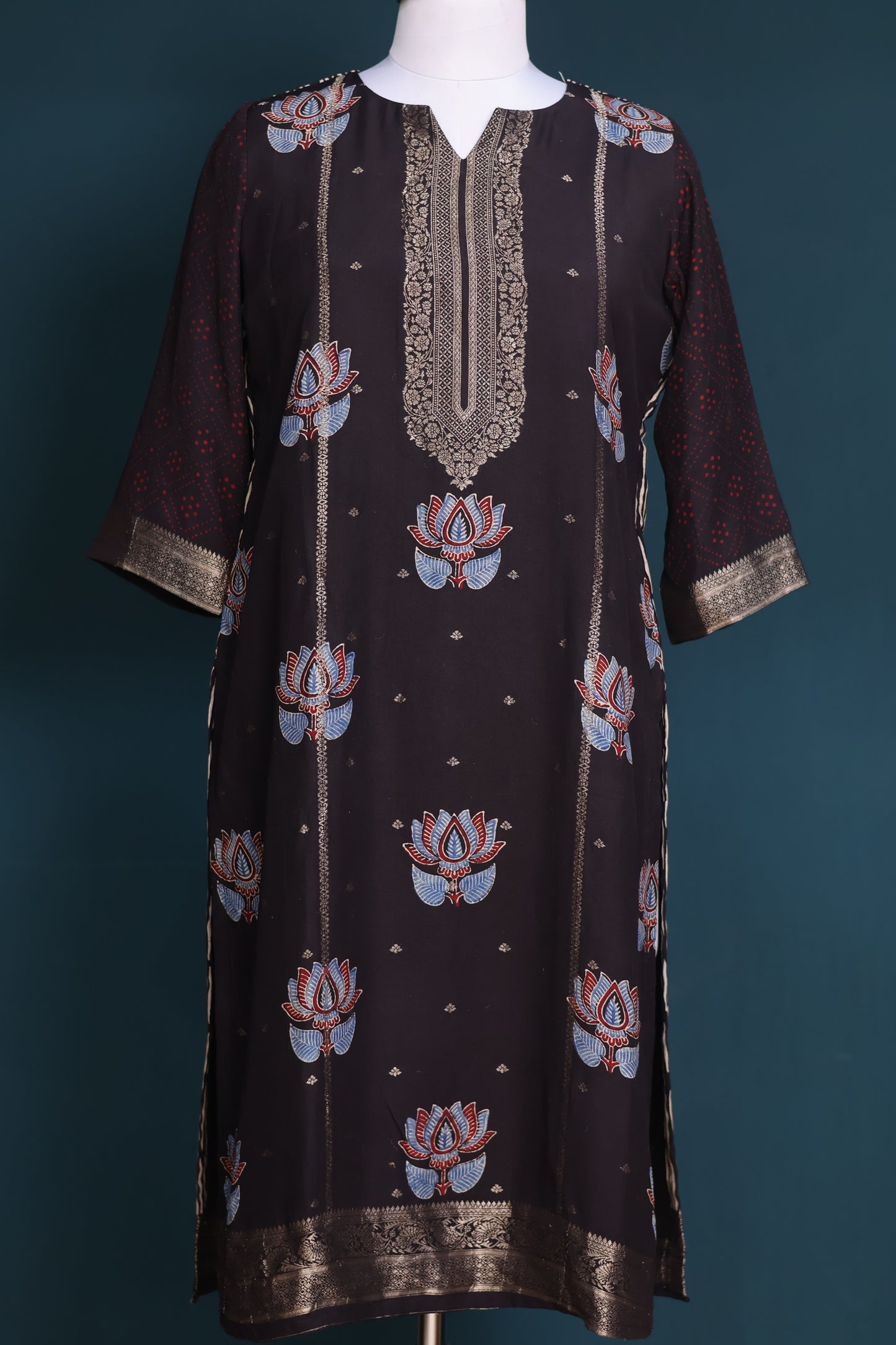 Black Handblock printed Ajrakh dola silk 2 piece suit (stitch