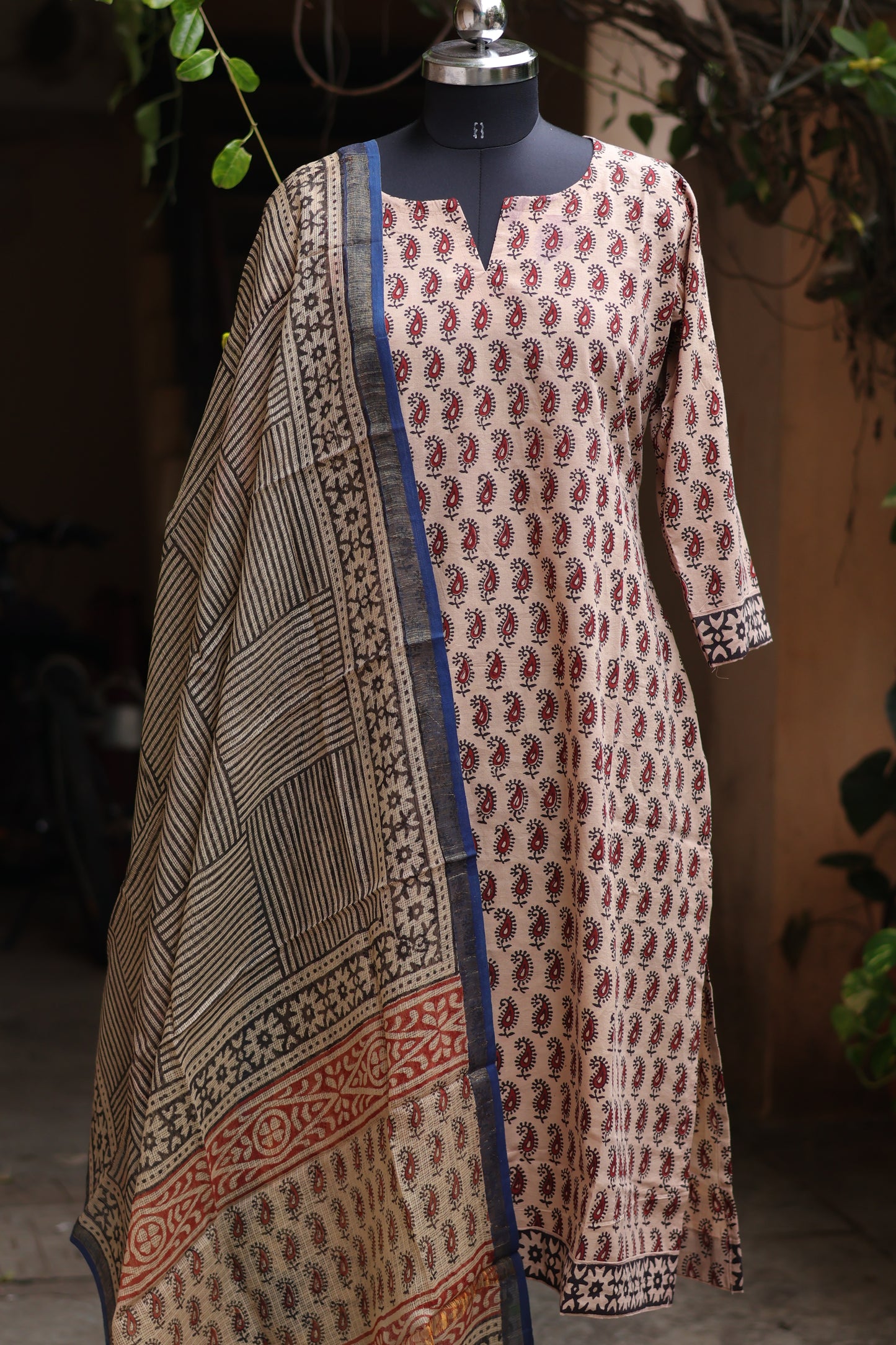 Cream Handblock printed Pure Mul Cotton with Kota Doria Duppata 3 piece suit (stitched)