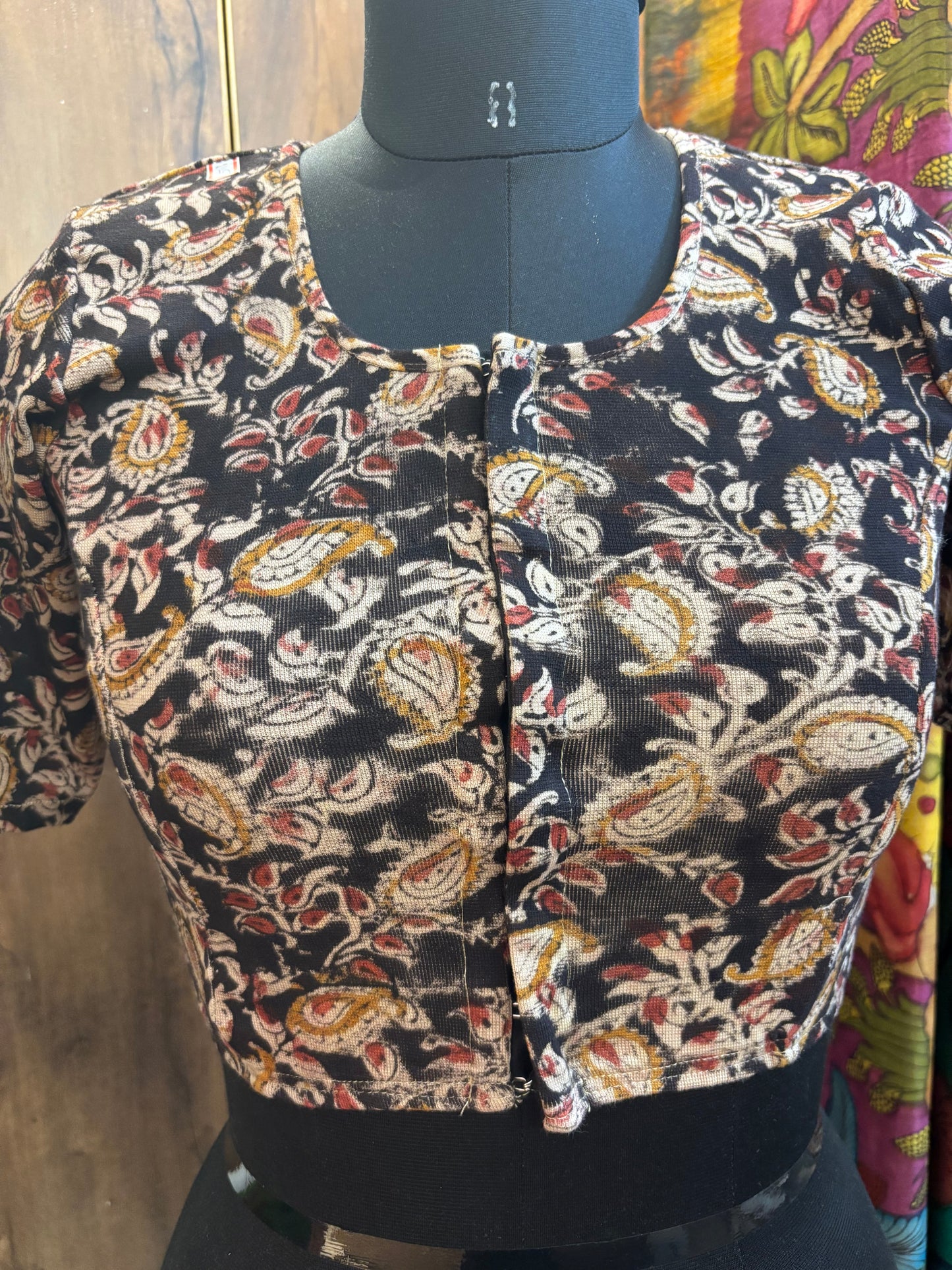 Black Round neck Stretchable Hand block printed kalamkari blouse with front hooks