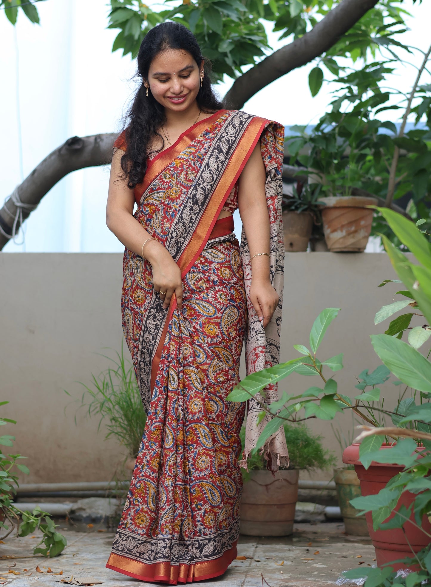 Hand Block Printed Kalamkari Nizam Border Silk Saree