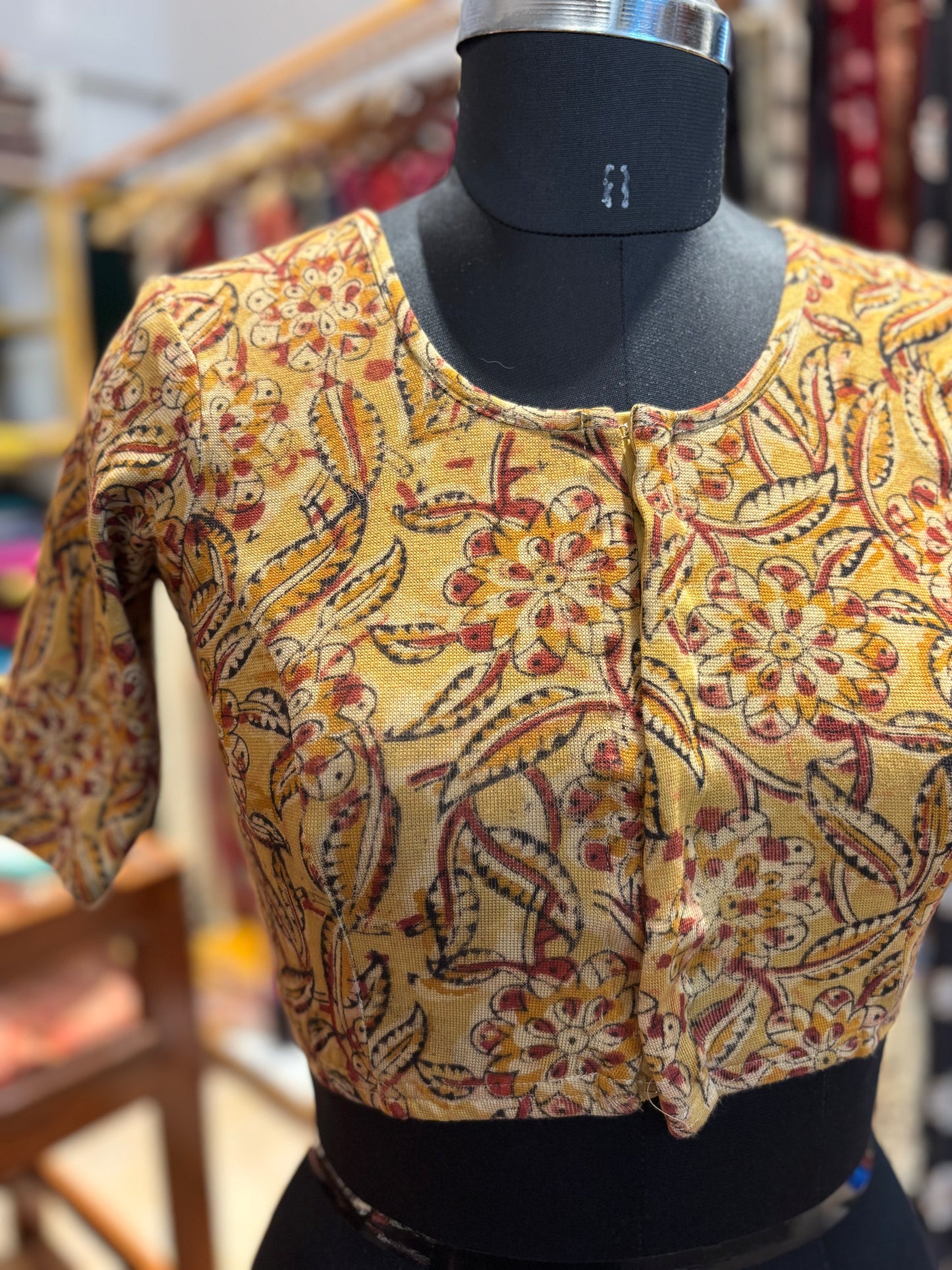 Mustard Round neck Stretchable Hand block printed kalamkari blouse with front hooks