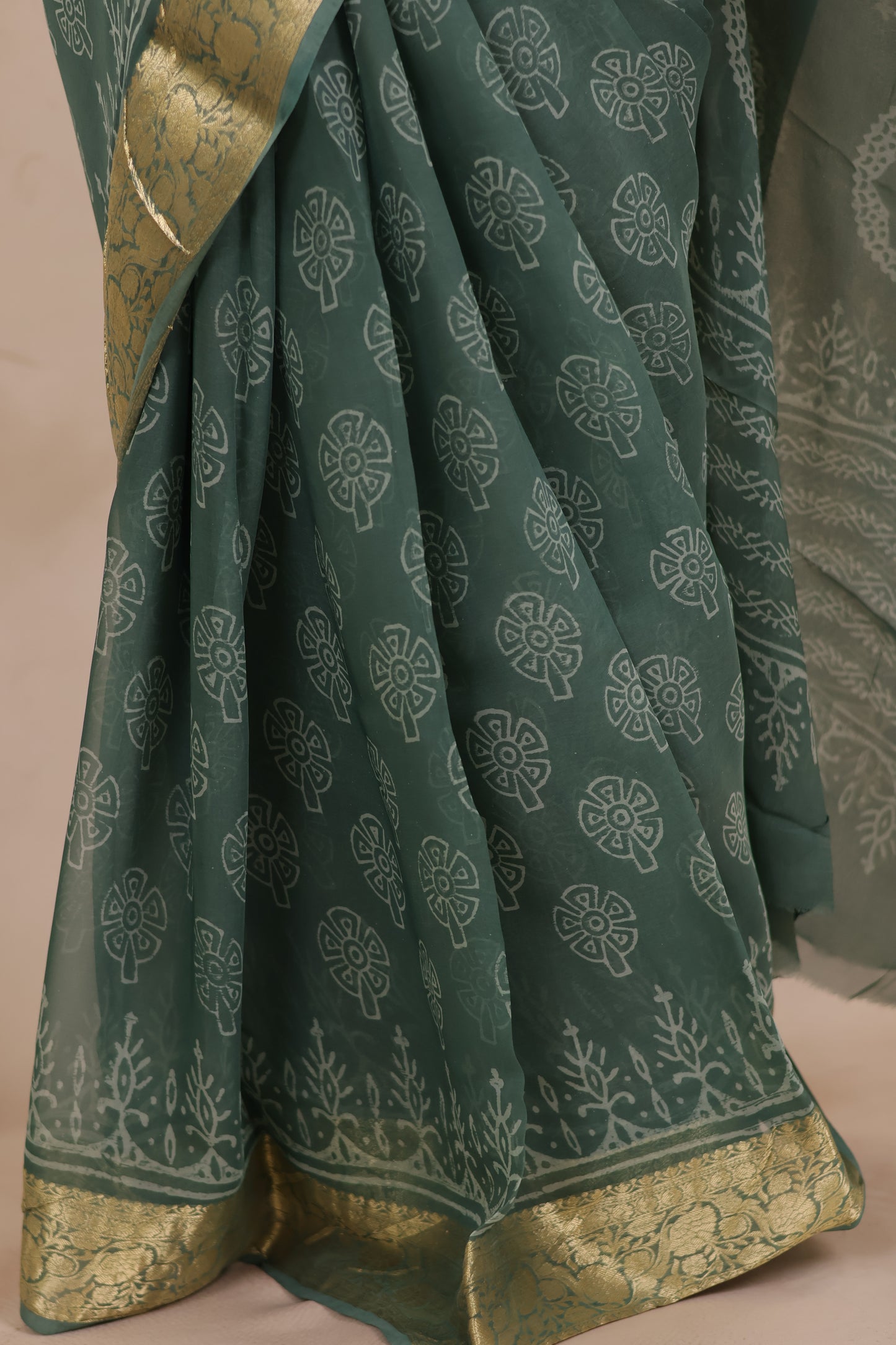 Sea Green Chiffon Hand Block Printed Saree with Jari Border | Looms & Tassels