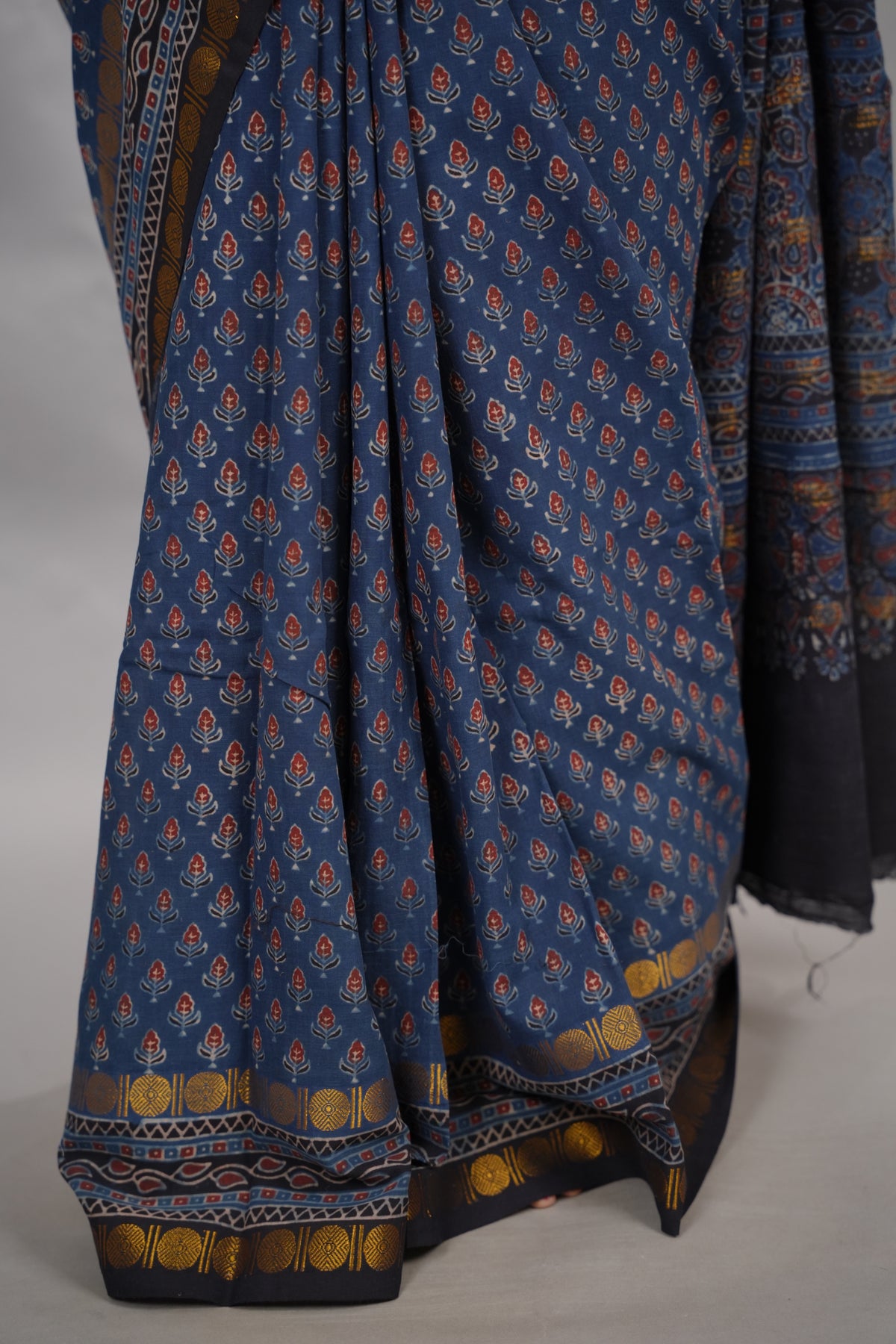 Indigo Ajrakh Hand Block Printed Sungudi Cotton Saree | Looms & Tassels
