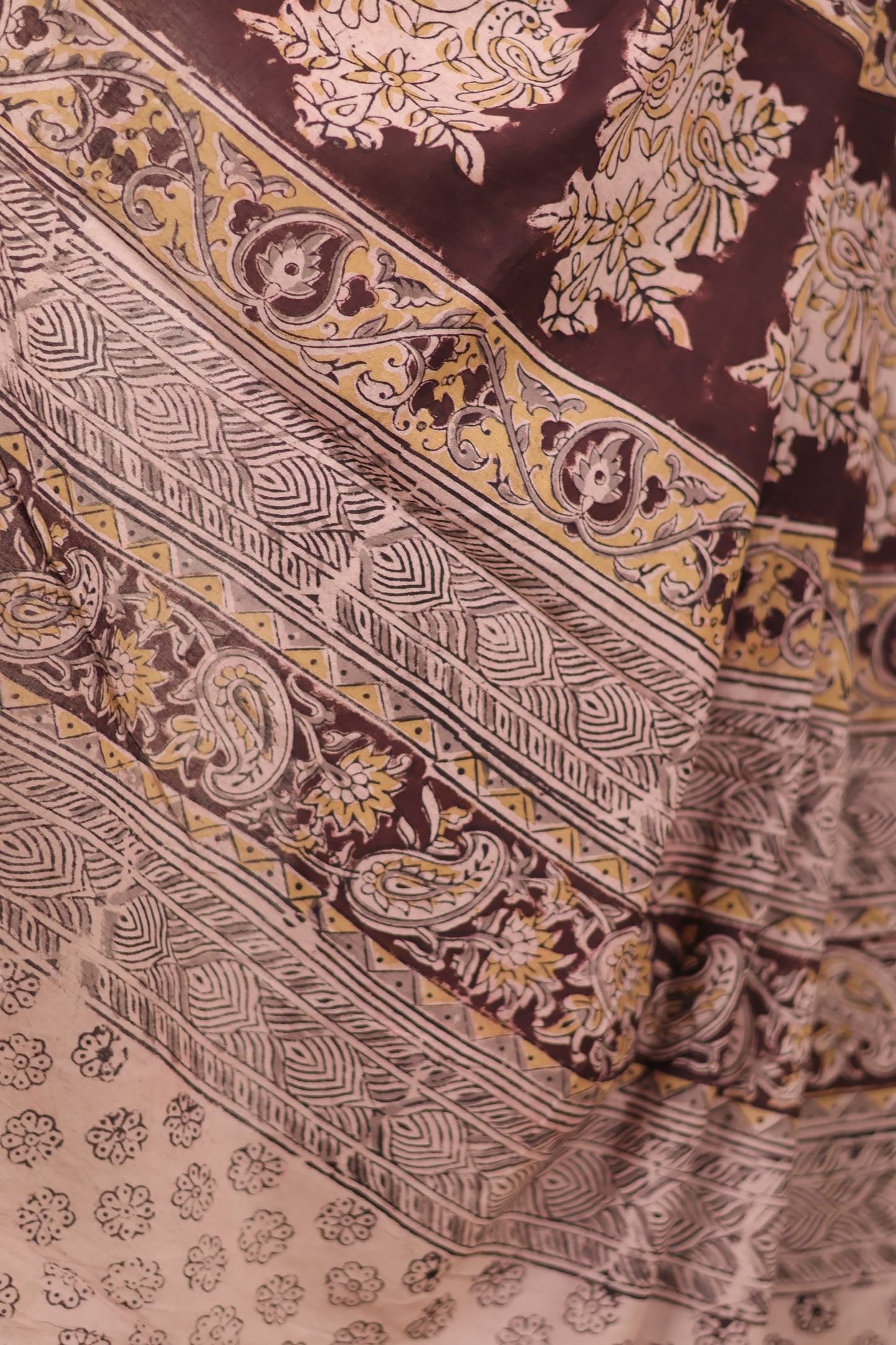 Cream Hand Block Printed Kalamkari Cotton Saree | Looms & Tassels