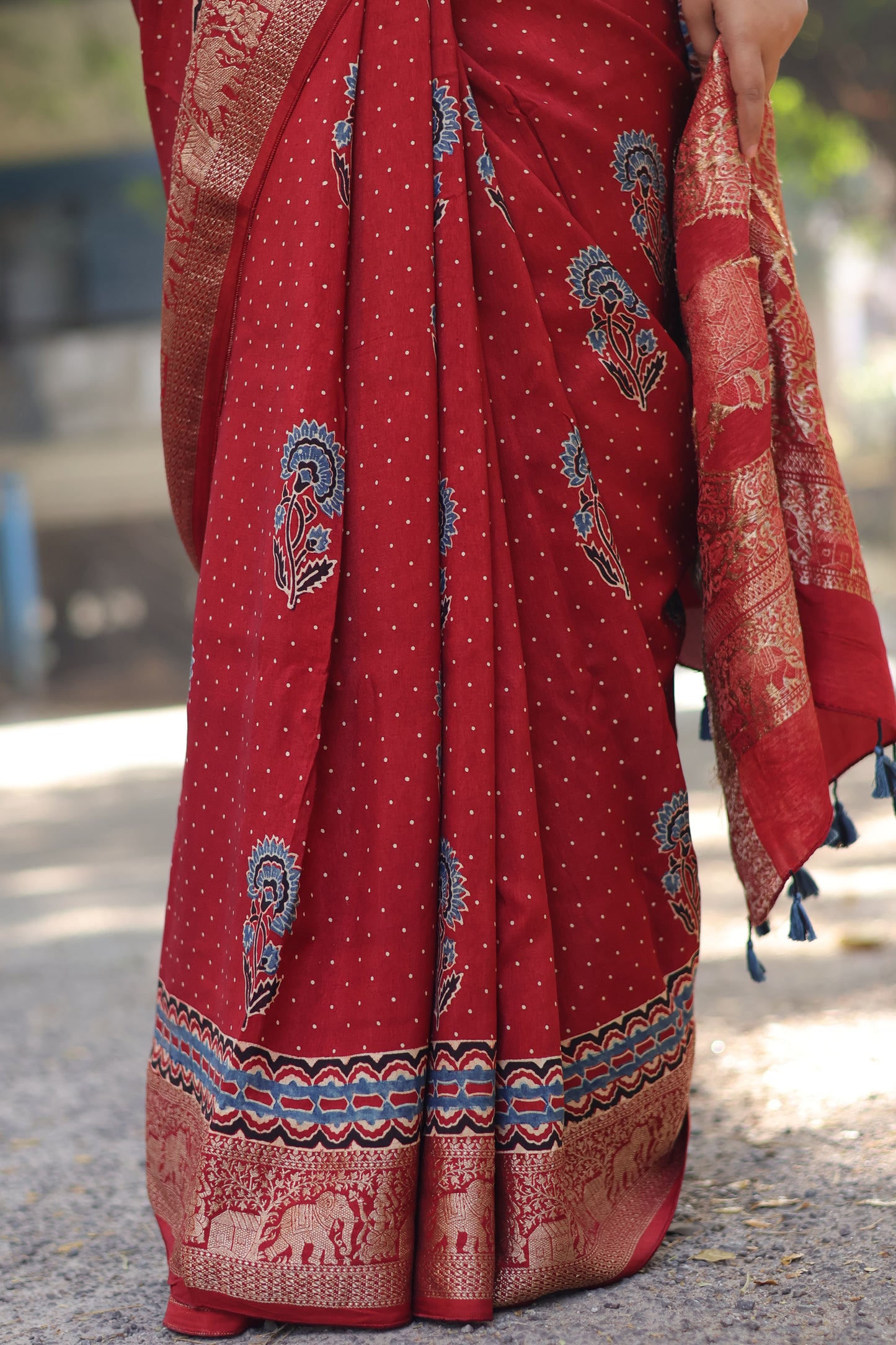 Red Ajrakh Dola Silk Saree
