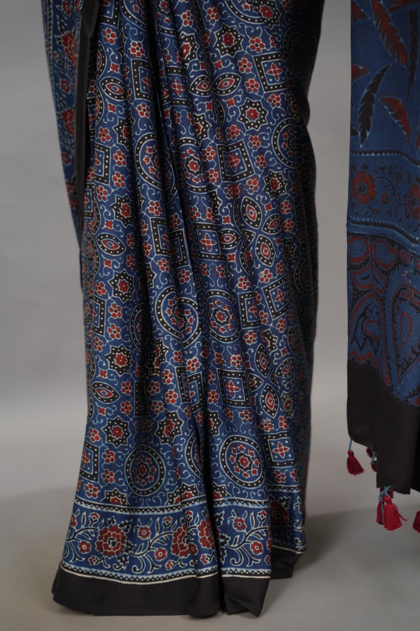 Indigo Blue Authentic Ajrakh Handblock Printed Modal Silk Saree | Looms & Tassels