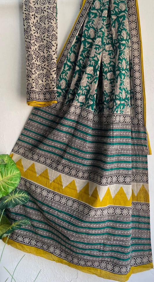 Sea green Bagru Handblock printed MulMul cotton saree