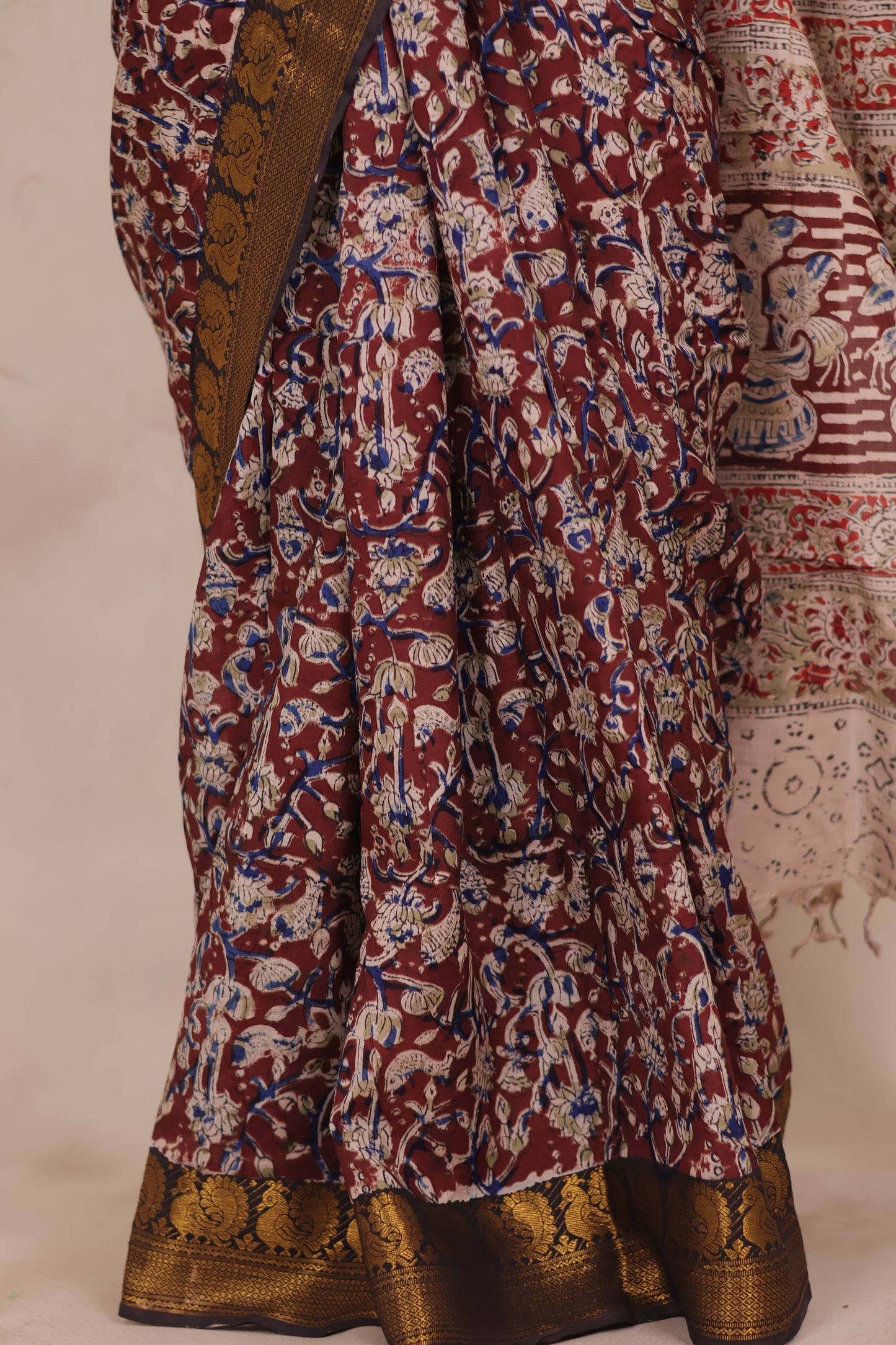 Hand Block Printed Kalamkari Kanchi Border Silk Saree