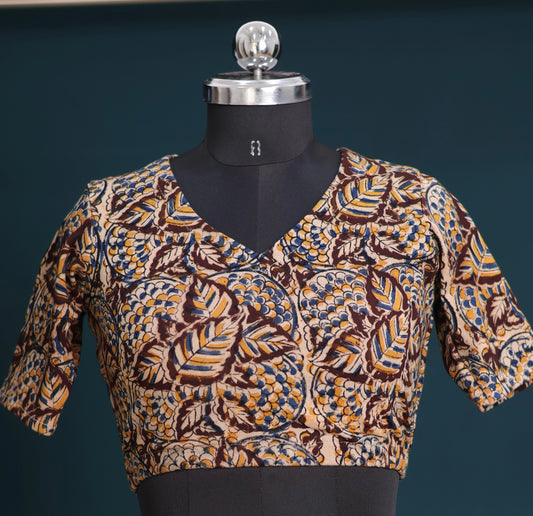V neck Stretchable Hand block printed kalamkari blouse